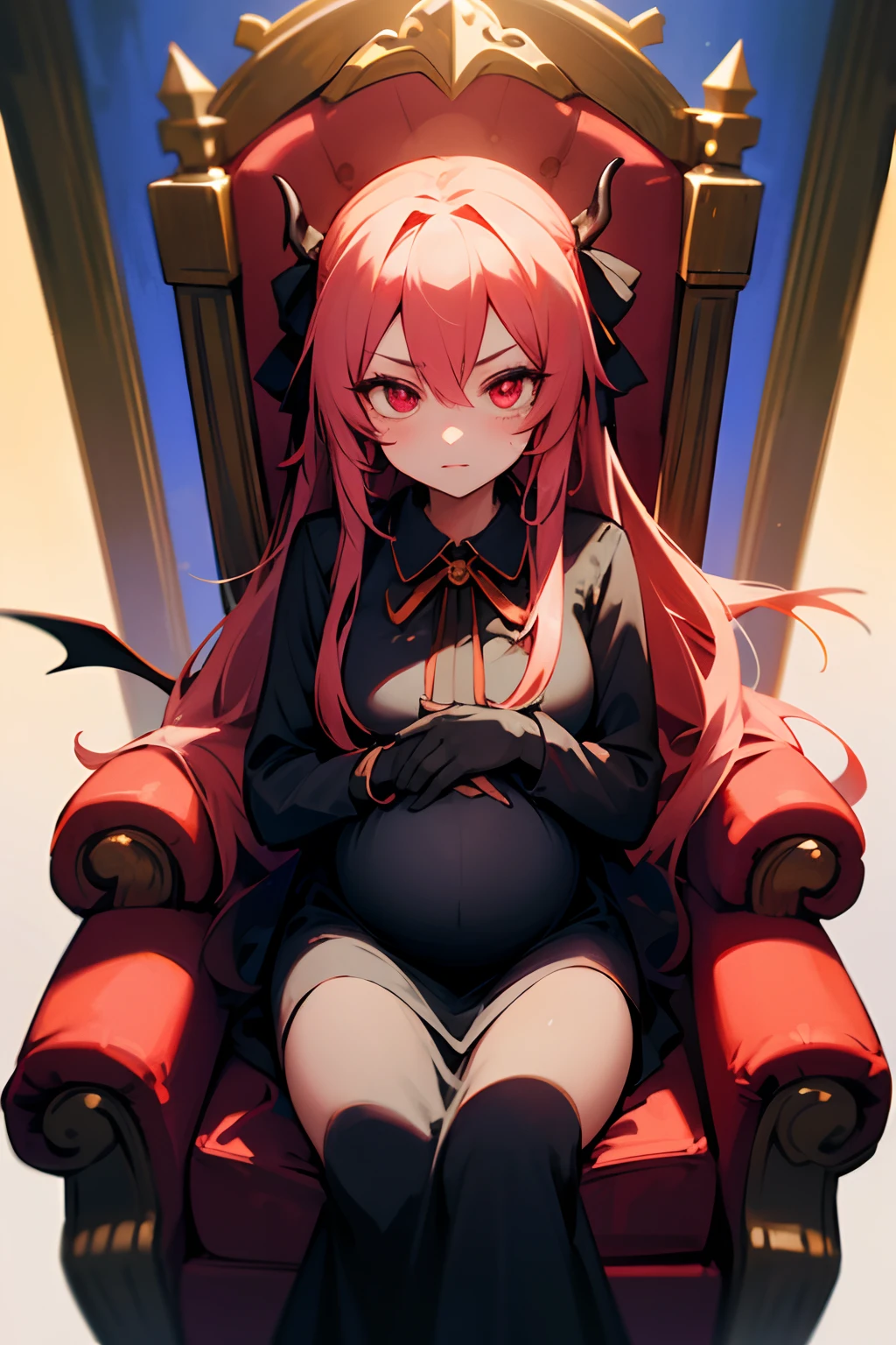 1 girl, long hair, hair ribbon, demon, red demon eye, demon tail, BIG pregnant, kingdom dress, demon king, fantasy, at castle, sit at throne, facing at viewer, anime style