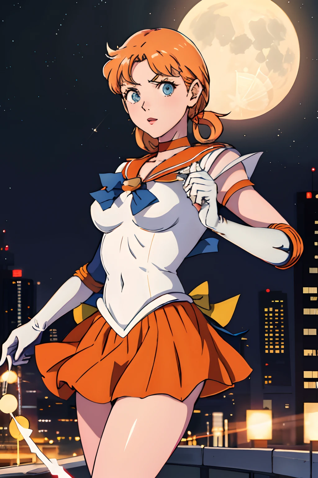 masterpiece, top-quality, hight resolution, SV1, annette_student, Sailor Senshi Uniform, Orange skirt, elbowgloves, tiarra, pleatedskirt, a miniskirt, Red bow, orangechoker, white glove, jewely, city nigth, natta, a moon, cowboy shot, is standing,maikurobikini、White underwear、、