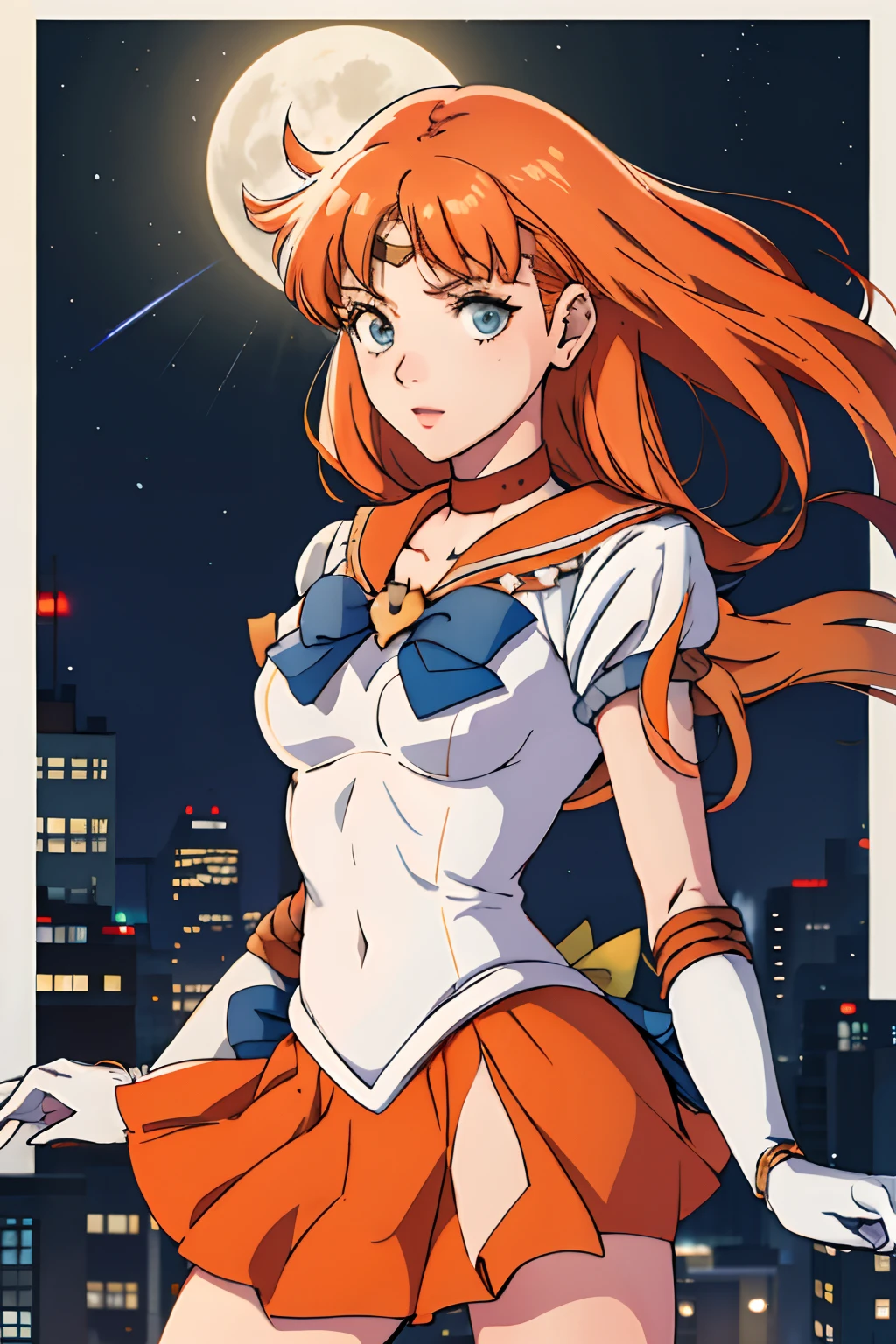 ​masterpiece, top-quality, hight resolution, SV1, annette_student, Sailor Senshi Uniform, Orange skirt, elbowgloves, tiarra, pleatedskirt, a miniskirt, Red bow, orangechoker, white glove, jewely, city nigth, natta, a moon, cowboy  shot, is standing,maikurobikini、White underwear、、