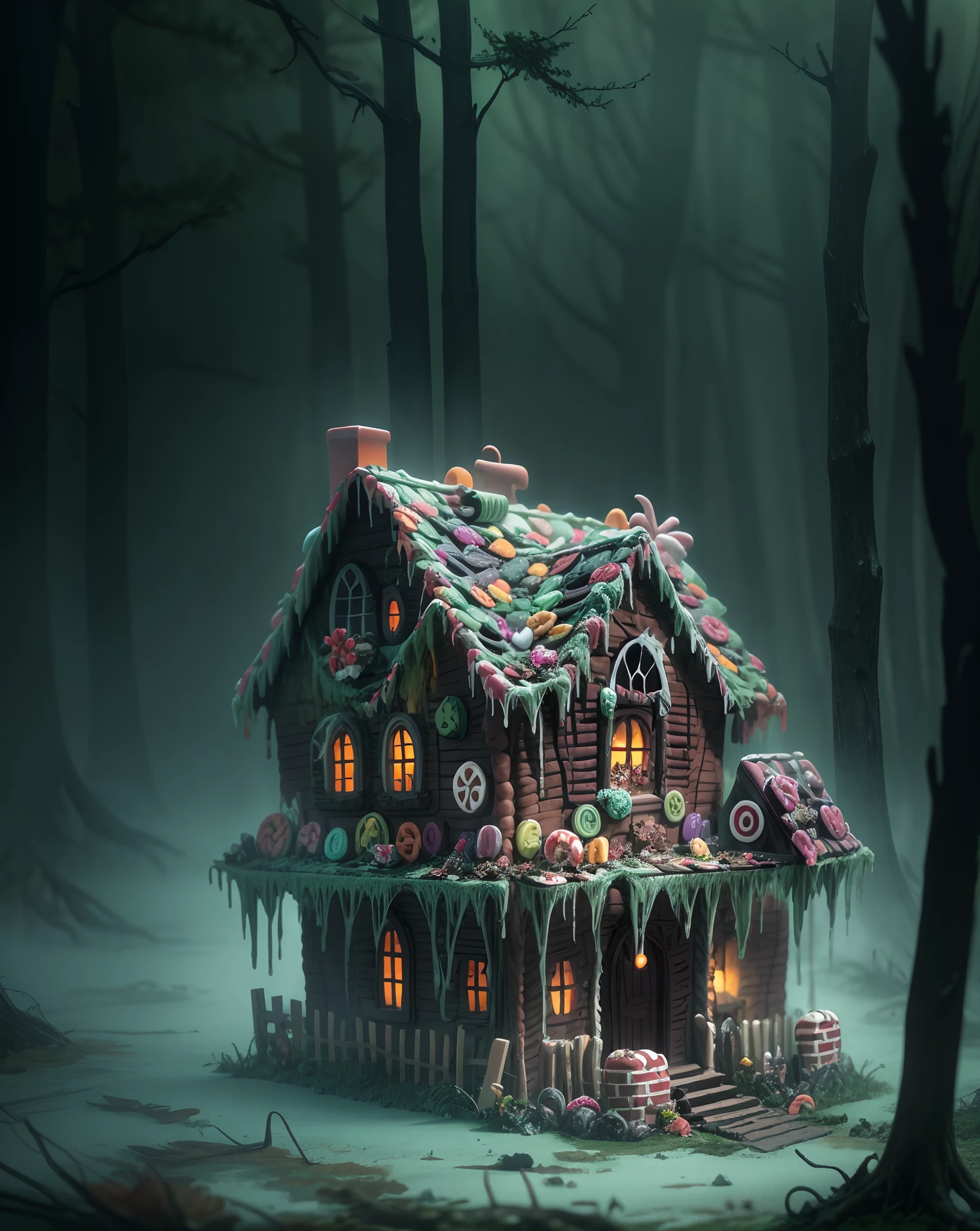 An unsettling and horrifying scene of a candy gingerbread house in a dark, misty forest. The use of candy as building materials adds a surreal and macabre touch. High-resolution image, eerie mist, creepy gingerbread house, sugary confections, ominous atmosphere, unsettling shadows, horrifying twist, chilling and foreboding, nightmarish scene, creepy confectionery, candy horror, surreal art.