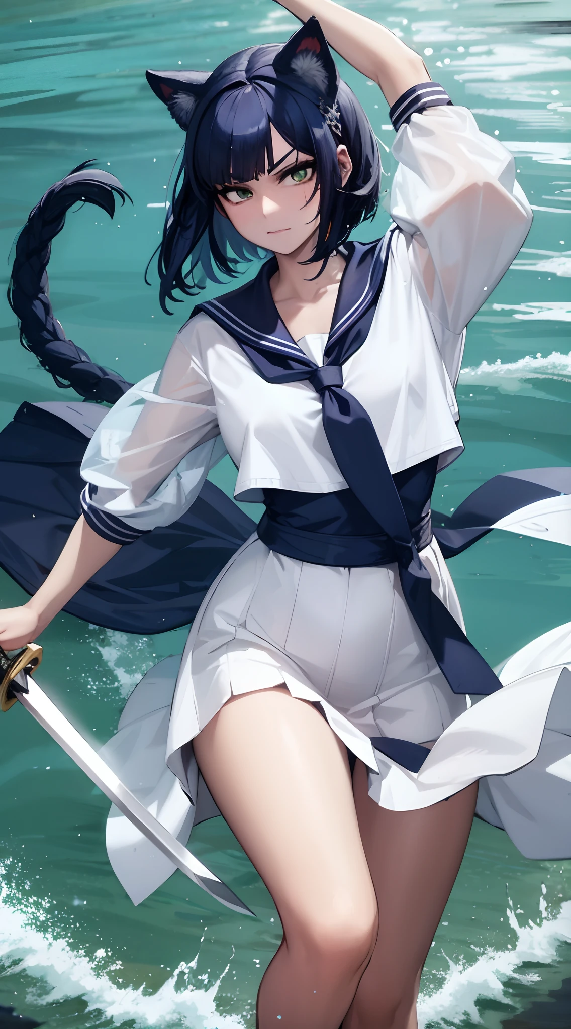 Sword Fighting Girl Dark Blue Hair Bob Hair Sailor Suit Deformed