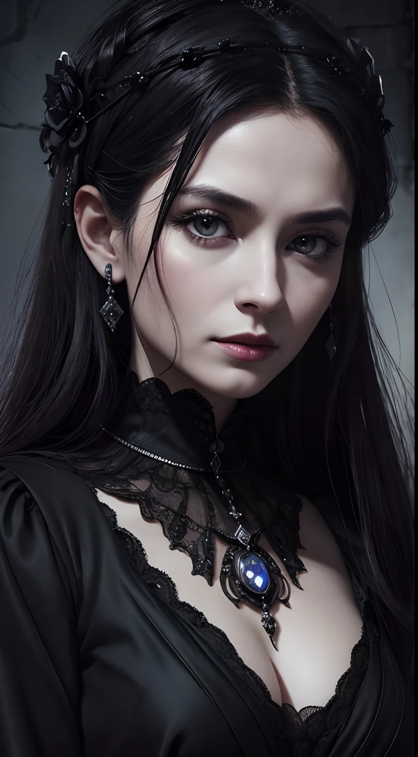 Official Art, Unity 8k wallpaper, ultra-detailed, beautiful, beautiful, masterpiece, best quality, dark, atmospheric, mystical, romantic, creepy, literature, art, fashion, victorian, decoration, intricate, ironwork, lace, contemplative, emotional depth, supernatural, 1 girl, solo, neck, bust composition
