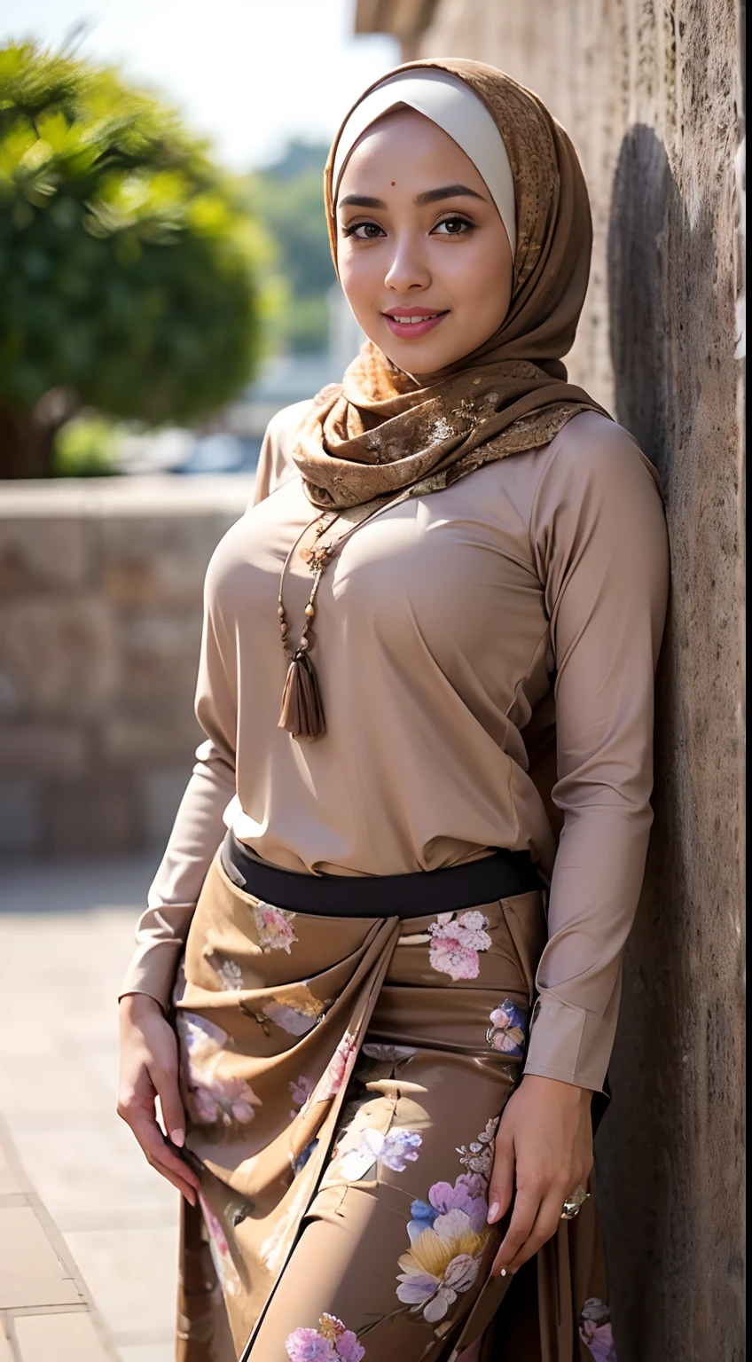 RAW, Best quality, high resolution, Masterpiece: 1.3), Beautiful Malay woman in hijab, Masterpiece, Perfect slim body, Beautiful big eyes, watery eyes, Soft smile, wet lips, big breast, ((wearing a tight light brown Malay shirt with floral motifs, batik, with a closed hijab)), a simple diamond necklace, ((closed clothes), ((modest clothes)),((wearing a long, loose pliskit skirt with no slits down to the ankles, light brown)),((full body:1.2))smilling, windy, skin details, skin texture details, thick thighs, sexy body, morning time, smiling, happy, bright sunlight,seashore,blurred background, bokeh