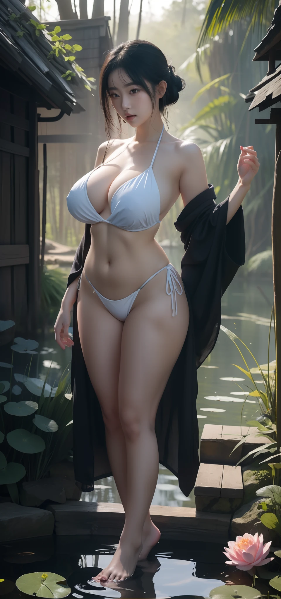 arafed woman in a bikini and robe standing in a pond, thicc, hyperrealistic full figure, artwork in the style of guweiz, guweiz, [ 4 k digital art ]!!, photorealistic perfect body, realistic shaded perfect body, loish and wlop, wlop rossdraws, guweiz on artstation pixiv