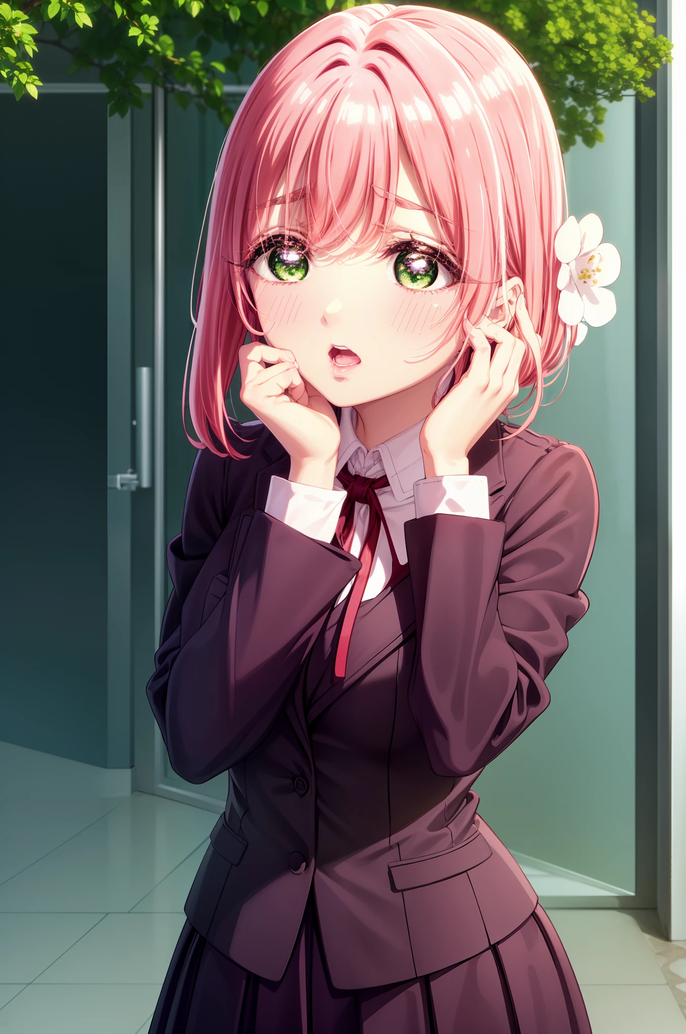 1girl, bangs, black background, blush, flower, green eyes, hair between eyes, hair flower, hair ornament, hands on own cheeks, hands on own face, jacket, long sleeves, looking at viewer, medium hair, neck ribbon, open mouth, pink hair, red ribbon, ribbon, school uniform, shirt, solo, upper body, white shirt