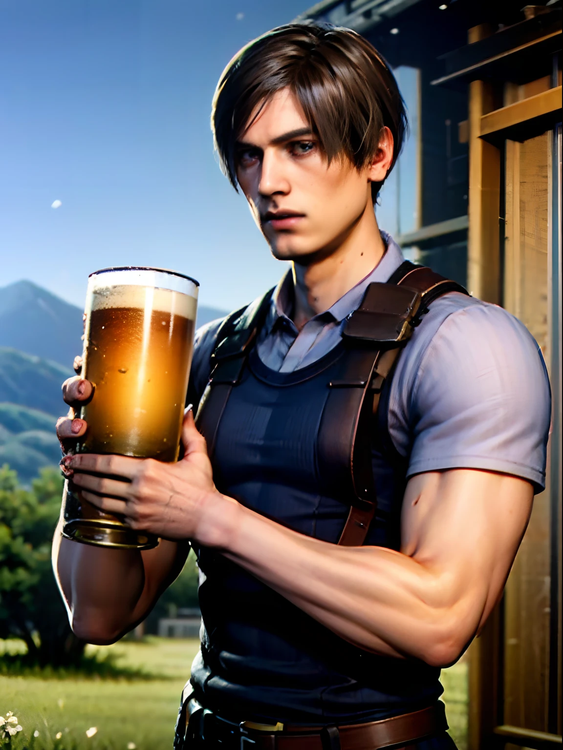 1 boy, shot by re4leon, leon S. Kennedy from the movie Resident Evil 4, wearing a white shirt, holding a beer in the hand, standing in front of a church in Germany, nature background, blue sky in the background