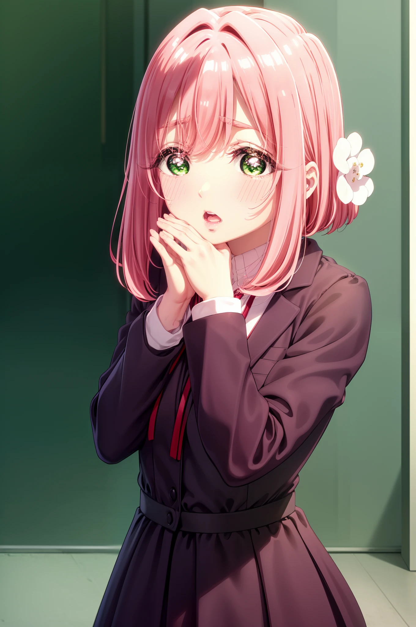 1girl, bangs, black background, blush, flower, green eyes, hair between eyes, hair flower, hair ornament, hands on own cheeks, hands on own face, jacket, long sleeves, looking at viewer, medium hair, neck ribbon, open mouth, pink hair, red ribbon, ribbon, school uniform, shirt, solo, upper body, white shirt