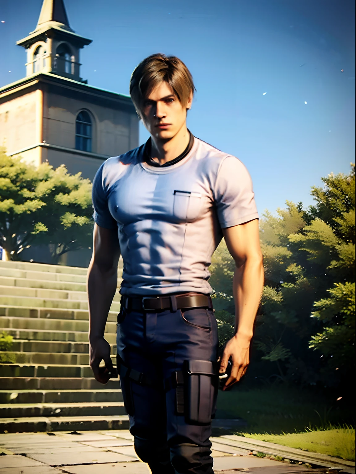 1 boy, shot by re4leon, leon S. Kennedy from the movie Resident Evil 4, wearing a white shirt, holding a beer in the hand, standing in front of a church in Germany, nature background, blue sky in the background