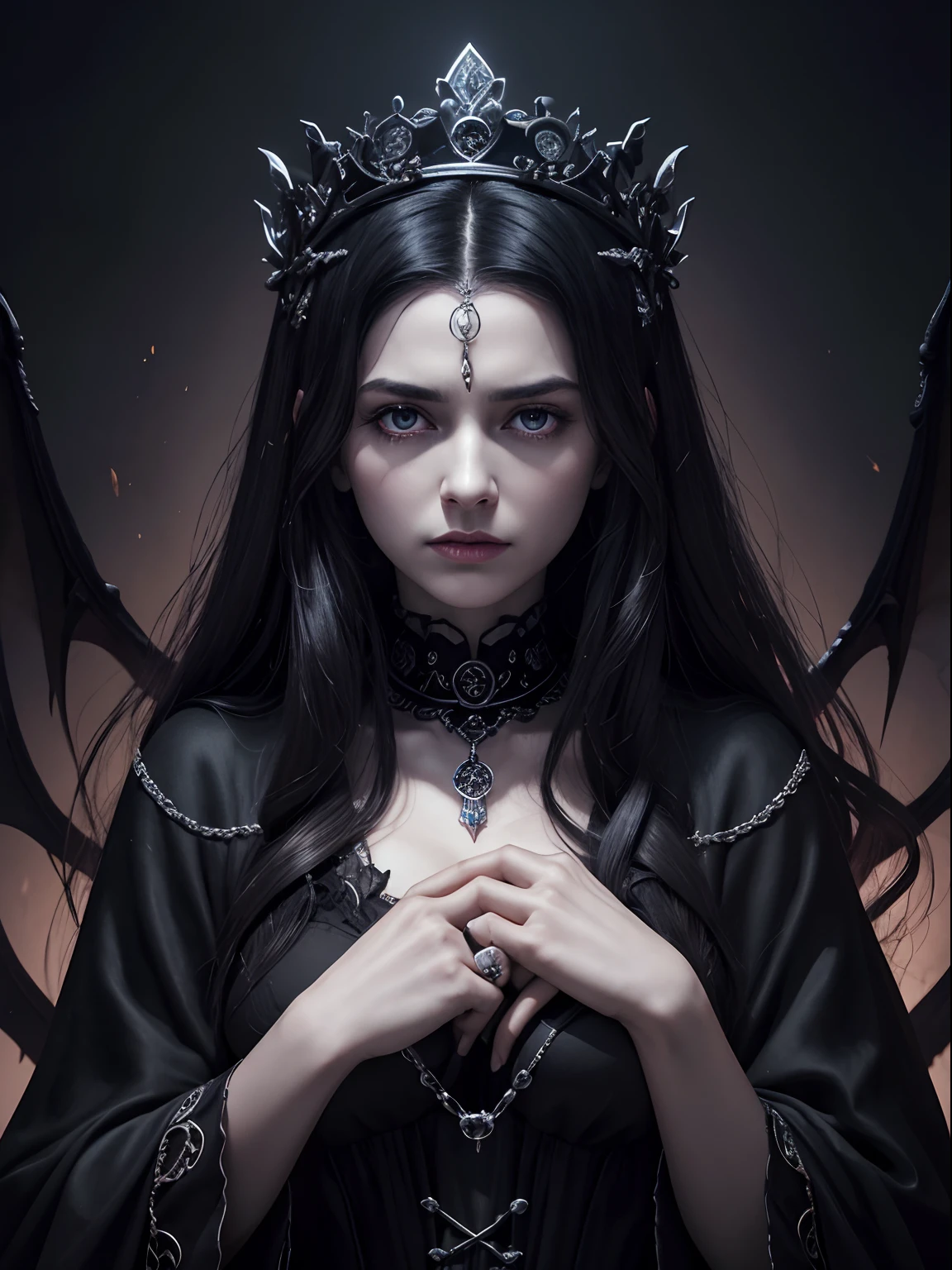 Black tones、Hell、purgatory、Mozart's Requiem、Mystical、horor、gotik、darkness、karo、badas、epidemic、ruler、Pitch Black Darkness、hopelessness、lamentation、oppression、nothingness、intense cold、Black Ghost、Adult female mature woman in her 40s、Queen of the Dead、Persephone、lilith、hades、awe、immortal、draconian、Awe-inspiring Hall々、Proud、noble、dignity、solemnity、Bewitching、Chaste and lascivious cohabitation、hatred、obsession、jewely、ruthless、greed、3-point live method、Oil Painting、Best Quality、hight resolution、foco nítido、Portrait of Queen D，Highly detailed footage of the Queen of the Dead，Stunning portrait of the Queen of the Exparted，Portrait of the Queen of the Dead，Full body close-up of the Queen of the Dead