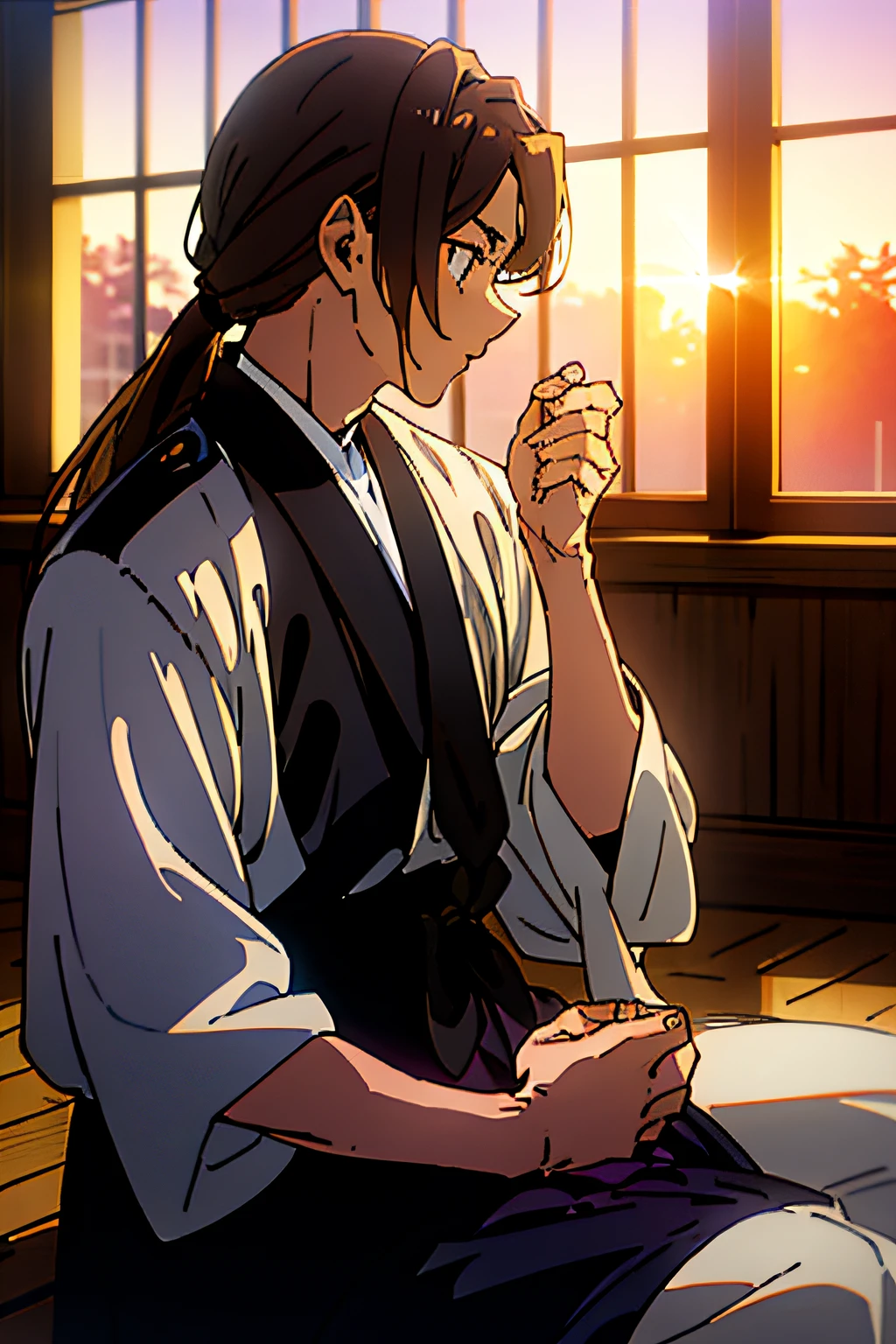 (two person), best quality (HD), perfect face, (Karuizawa Kei) from classroom of the elite, pony tail, light blonde hair, purple eyes, sit, bench, sunset, craying, far away, holding hand with a man.
(Kiyotaka Ayanokouji), a boy with dark brown hair without pony, golden eyes, cool expression, sharp eyes, using red blazzer, white skin