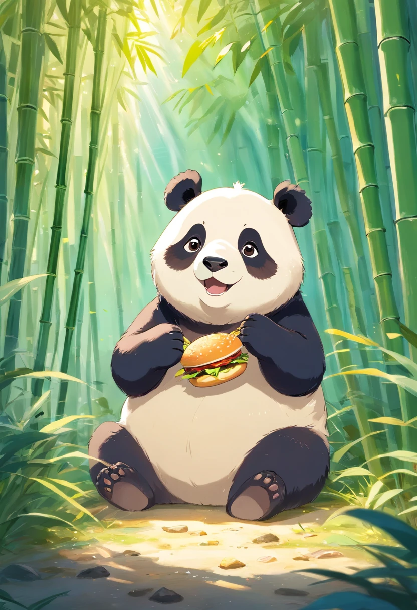 A cute fat furry panda cub sits in a sunny bamboo glade, eating a good hamburger , closed eyes and chewing, towards the camera,Warm light filters through the leaves,Detailed fur texture, Peaceful and natural mood, Gentle lighting. Traditional watercolor style. --AR 4:5 --s 400 --niji 5