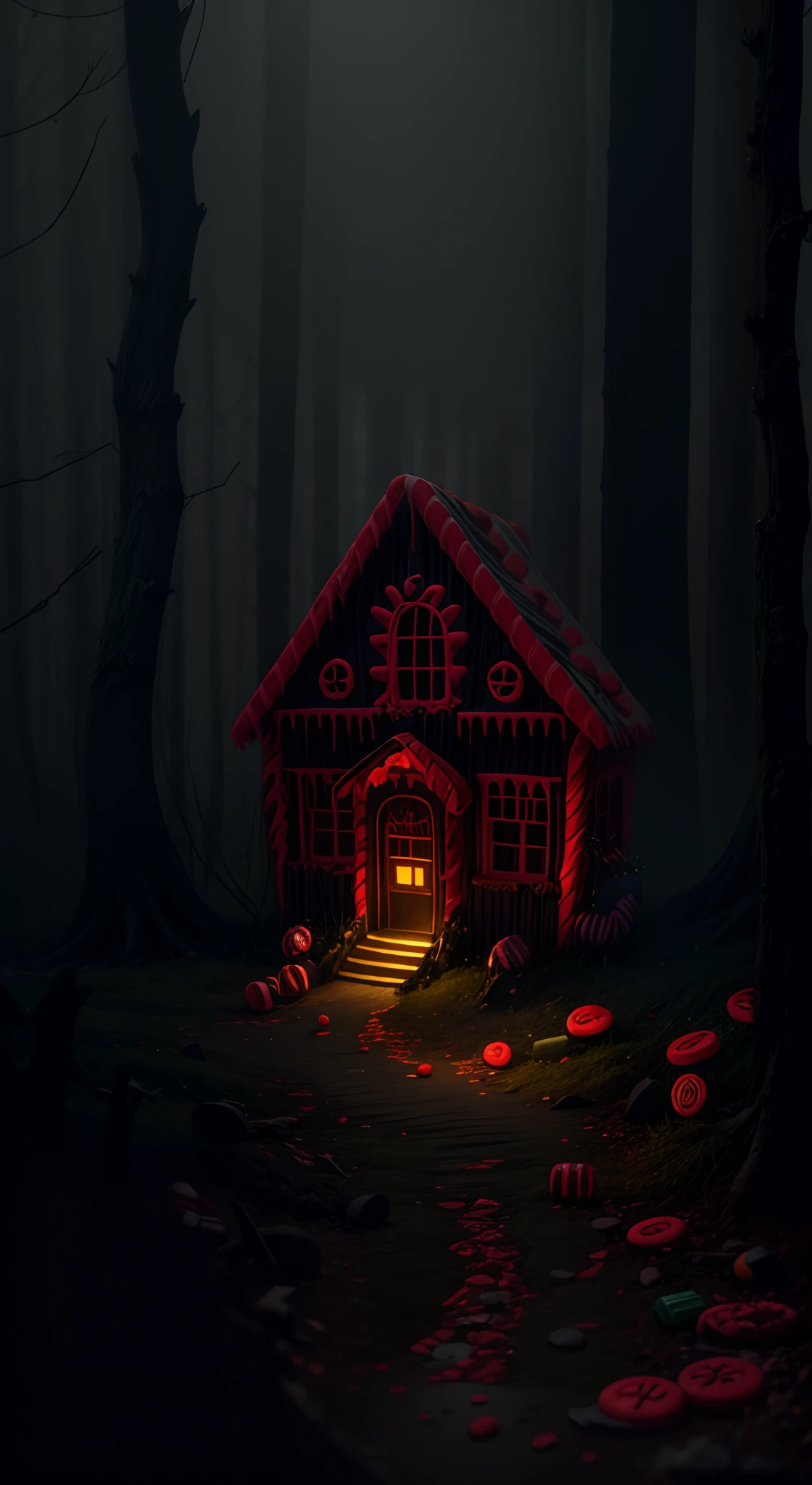 An unsettling and horrifying scene of a candy gingerbread house in a dark, misty forest. The use of candy as building materials adds a surreal and macabre touch. High-resolution image, eerie mist, creepy gingerbread house, sugary confections, ominous atmosphere, unsettling shadows, horrifying twist, chilling and foreboding, nightmarish scene, creepy confectionery, candy horror, surreal art.