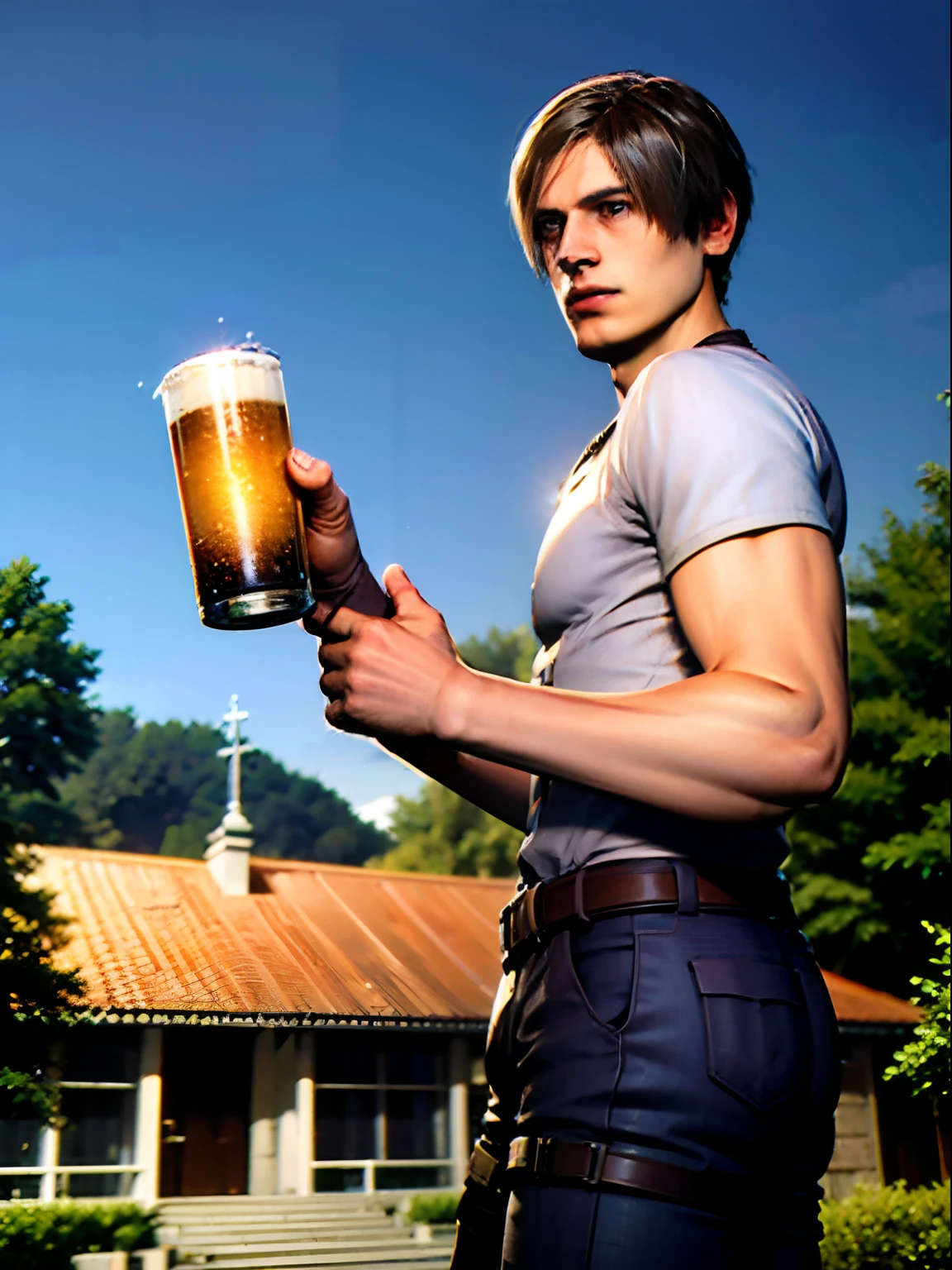1 boy, shot by re4leon, leon S. Kennedy from the movie Resident Evil 4, wearing a white shirt, holding a beer in the hand, standing in front of a church in Germany, nature background, blue sky in the background