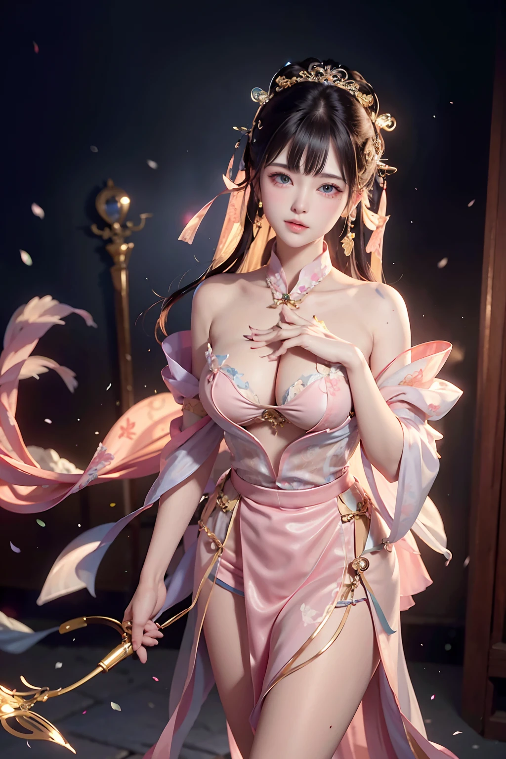 Wet-breasted Hanfu open V-chested clothes, , Wet body of thin silk fabric, Thin silk lace petticoat,princess 8 yeald old cute being  marturbate, (huge boobs，cleavage),petticoat, white pink, blue ，best qualtiy，tmasterpiece，超高分辨率，（真实感：1.4），RAW photogr，（True skin texture：1.3），（filmgrain：1.3），（Selfie angle），1个Giant Breast Girl，Beautiful eye and face details，tmasterpiece，Best quality at best，exposing thighs，Bigchest and bip tit，The chest is more exposed，short detailed hair，above looking down facing at camera,short dressPrincess Eyes,Super big eyes,Detailed face,shiny pupils, randome color, dress short, , thin silk fabric wet body, thin silk fabric lace petticoat,wedding short dress pink