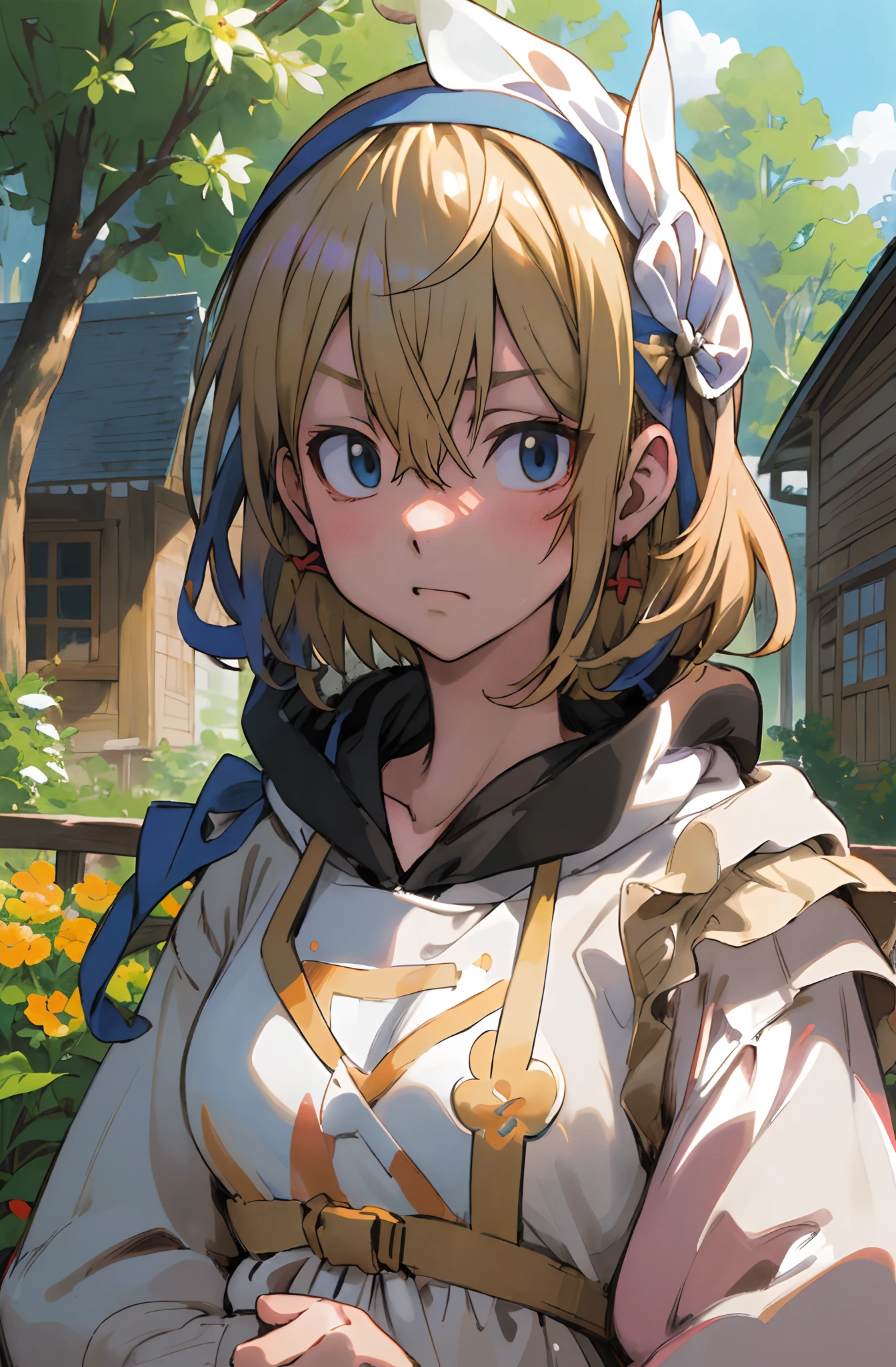 (masutepiece, Best Quality, Ultra-detailed, Illustration), Beautiful face, Blonde hair, Perfect body, 1girl in, Solo, Hoodies and camisoles, shairband, Hair Ribbon, Dress, lanyard, vila, Old houses, Outdoors, hawke, legends