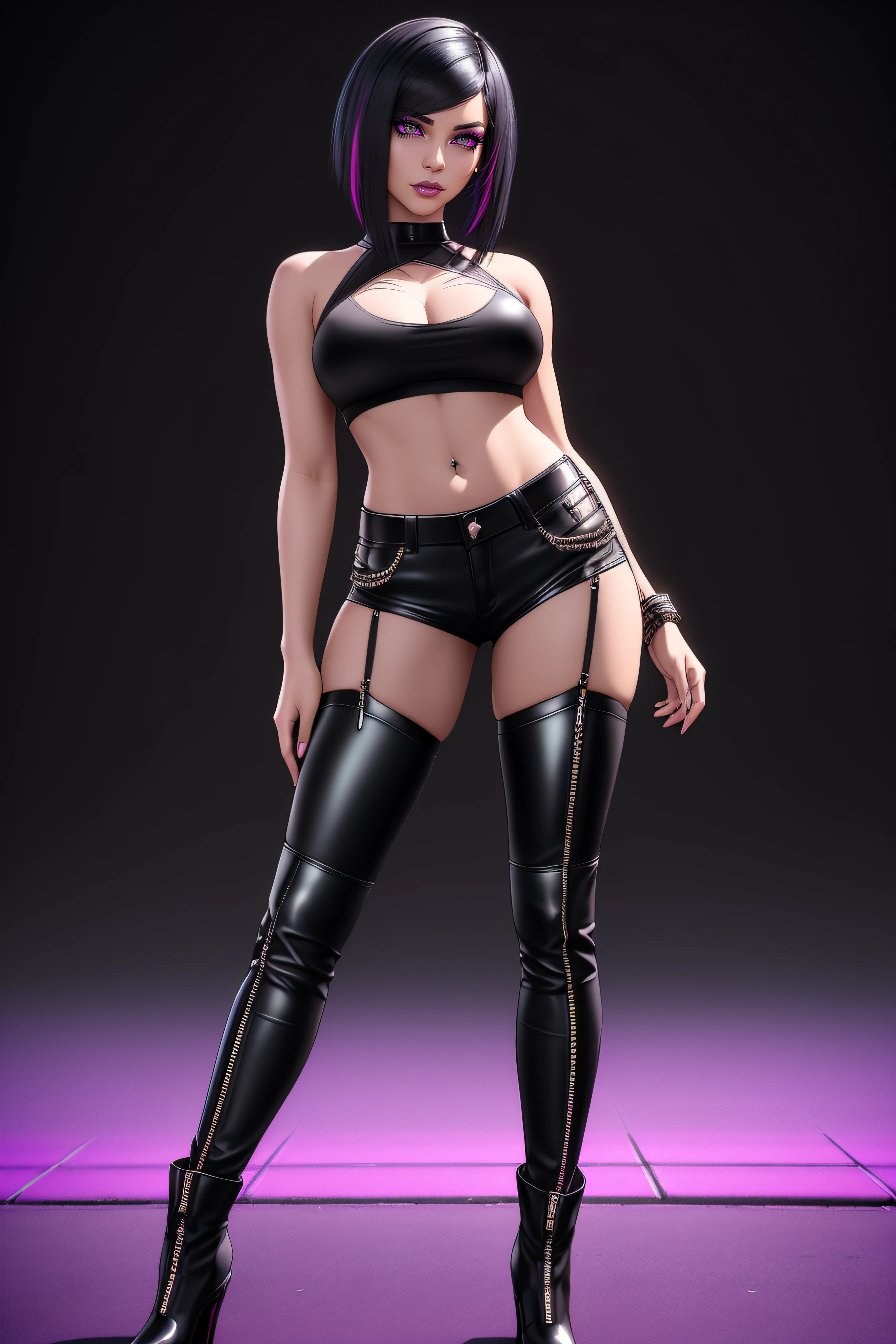 beautiful girl, ((standing:1.4)), (confident gaze:1.1), full body, short bright neon streaked black hair, ((realistic highly detailed eyes:1.4)), ((seductive pose:1.2)), black eyeshadow, (street style wear:1.2), ((tight fitted pants)), ((knee high leather boots)), (dark city night black background:1.4), dark makeup, digital art, trending on artstation, highly detailed, fine detail, intricate, detailed facial features, sharp focus, smooth, aesthetic,