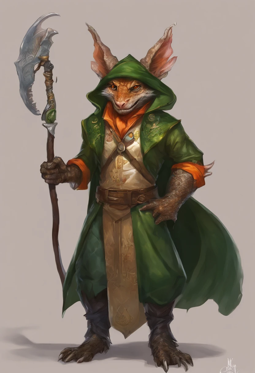 (((by Zackary911, by Kenket, By Kilinah))), Solo Male, Bright orange skin, Orange scales,Dragon Man (((Leprechaun)), (Detailed kobold)) Wearing a red cape with a hood, Green gemstone on collar, Bandage thighs and bandage chest, muscular toned, Dragon's tail, Front view, looking at the observer with an embarrassed smile, Blush, Take the staff, Perspective, finely detailed paws,