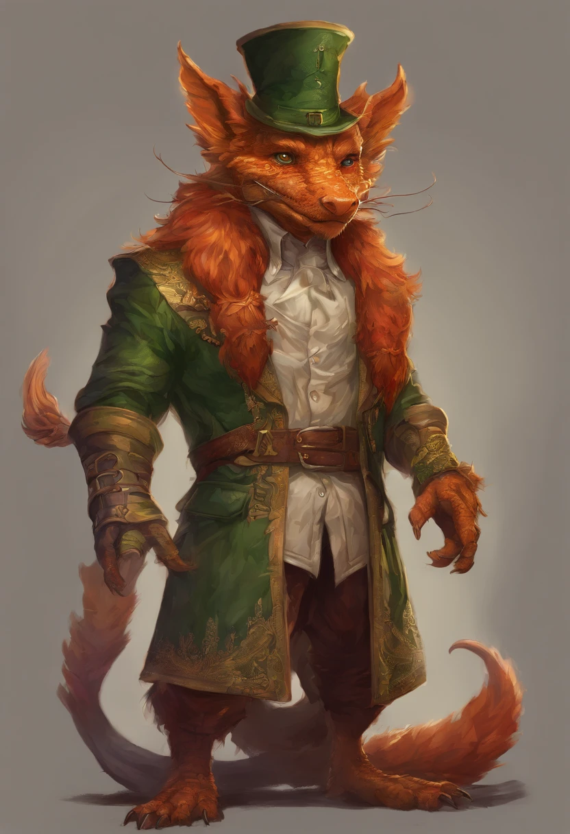 (((by Zackary911, by Kenket, By Kilinah))), Solo Male, Bright orange skin, Orange scales,Dragon Man (((Leprechaun)), (Detailed kobold)) Wearing a red cape with a hood, Green gemstone on collar, Bandage thighs and bandage chest, muscular toned, Dragon's tail, Front view, looking at the observer with an embarrassed smile, Blush, Take the staff, Perspective, finely detailed paws,