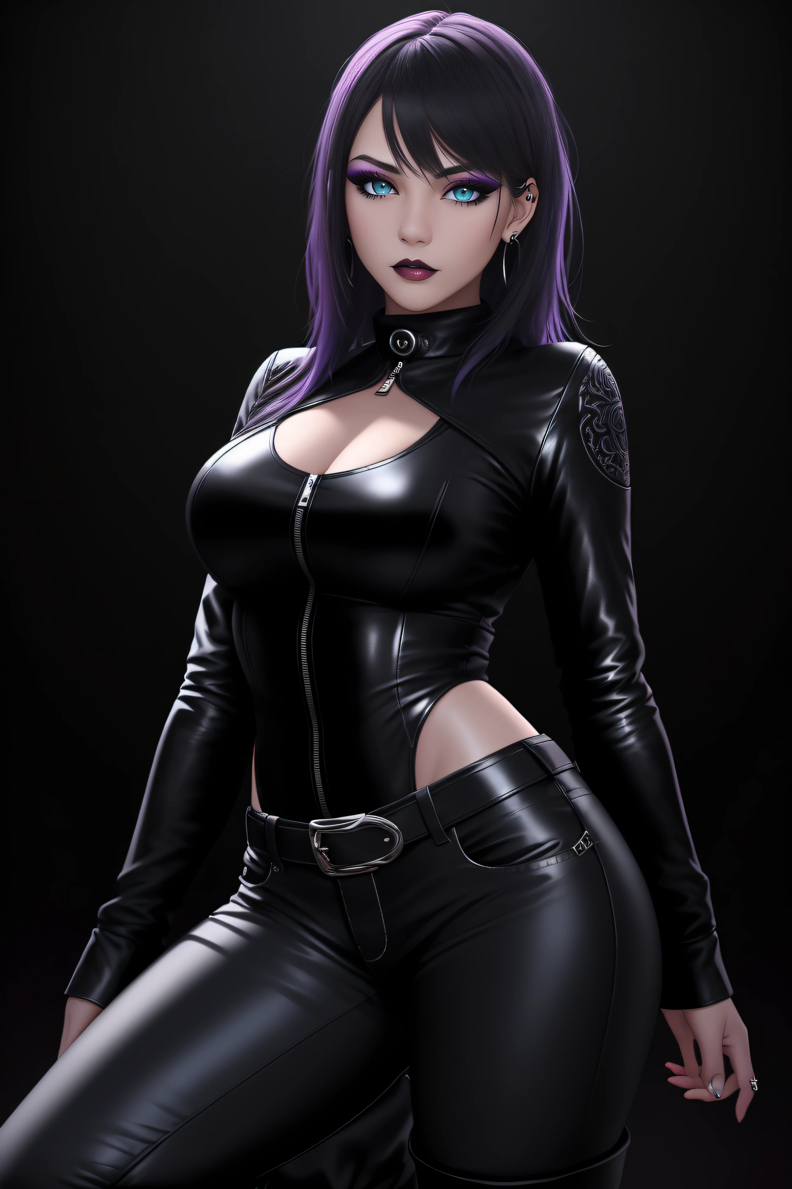 beautiful girl, full body, short bright cyan and purple streaked dishevelled hair, large blue piercing eyes, black eyeshadow, (street style wear:1.2), ((tight fitted pants)), ((knee high leather boots)), (dark city night black background:1.6), dark makeup, digital art, trending on artstation, highly detailed, fine detail, intricate, beautiful detailed glow, detailed, Cinematic light, high-res, detailed facial features, sharp focus, smooth, aesthetic,