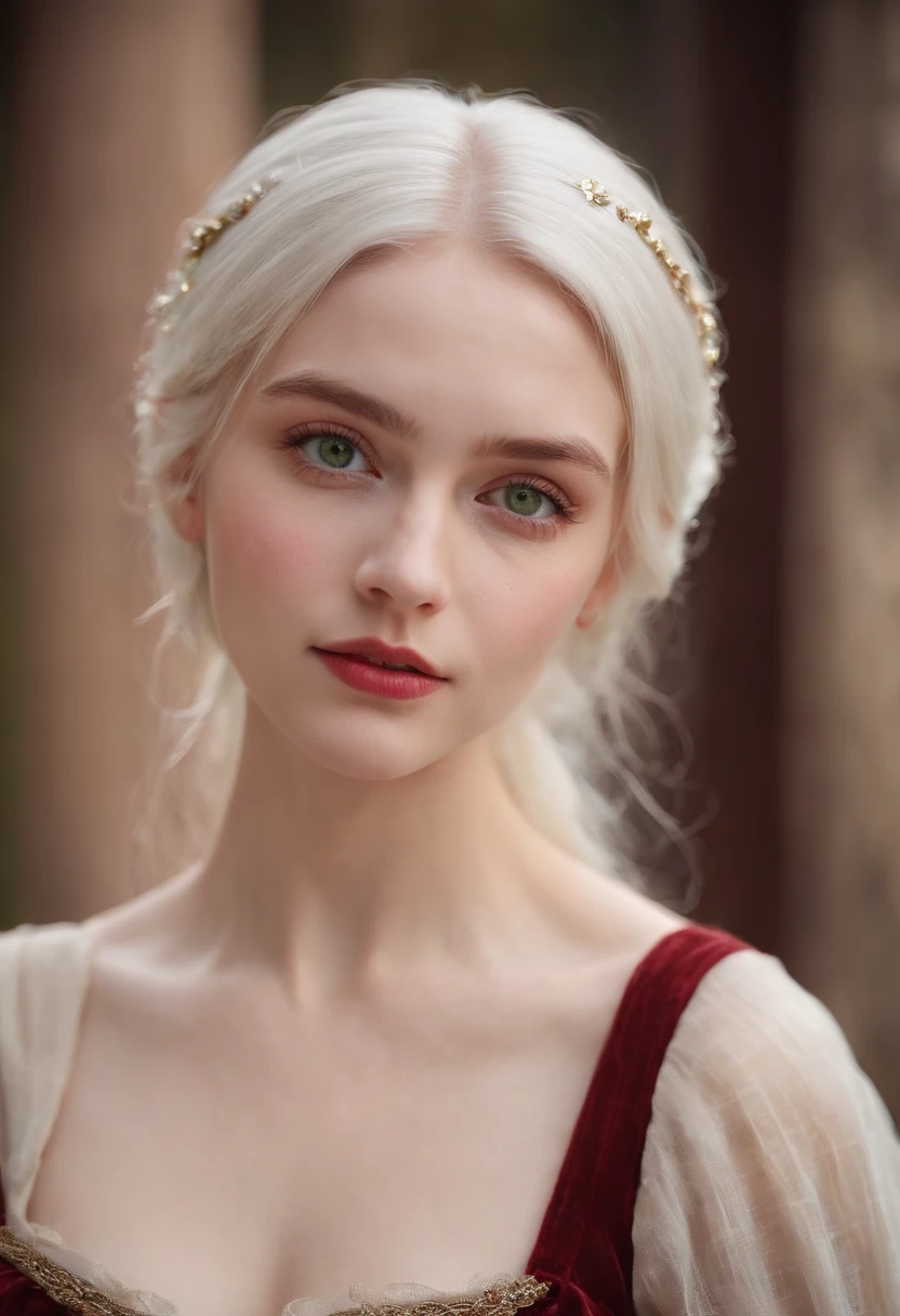 (((a deep reddish wound crosses her left cheek))) fair complexion, woman around 19 years old, natural white hair, distinctive green eyes, wearing kohl, slender and graceful, beautiful, candlelight in a medieval setting, ultra sharp focus, realistic shot, medieval female clothes, tetradic colors (scar:1.4)