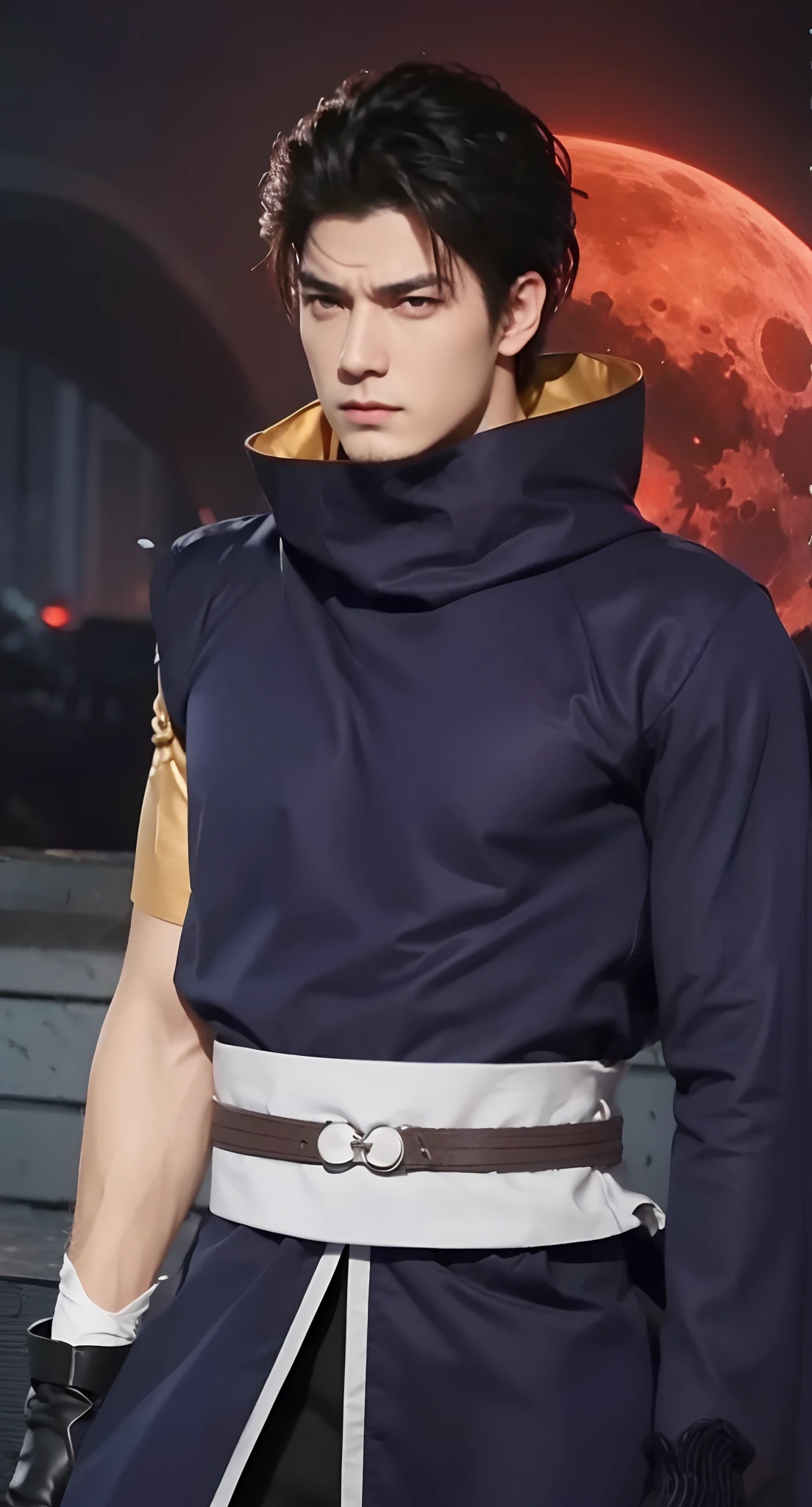 Real life adaption of this character, handsome face, villain expression, looking to viewer,realistic same hair , (realistic same outf ,One of his sleeves was torn), realistic red moon background, hyper realistic, realistic light, realistic shadow, realism,(photorealistic:1.2)