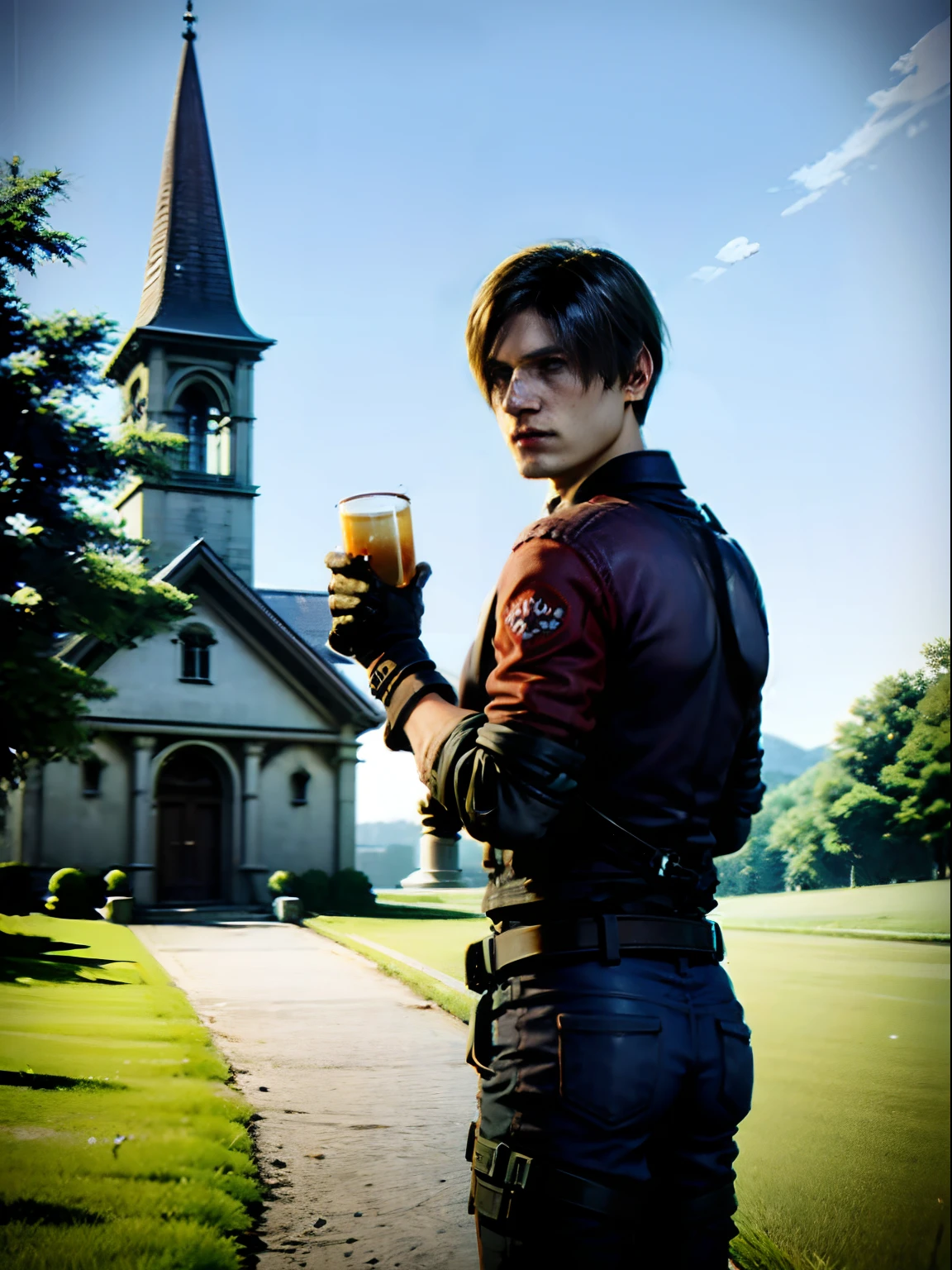 1 boy, shot by re4leon, leon S. Kennedy from the movie Resident Evil 4, wearing a german leather pants, wearing a german traditional costume, holding a beer in the hand, standing in front of a church in Germany, nature background, blue sky in the background
