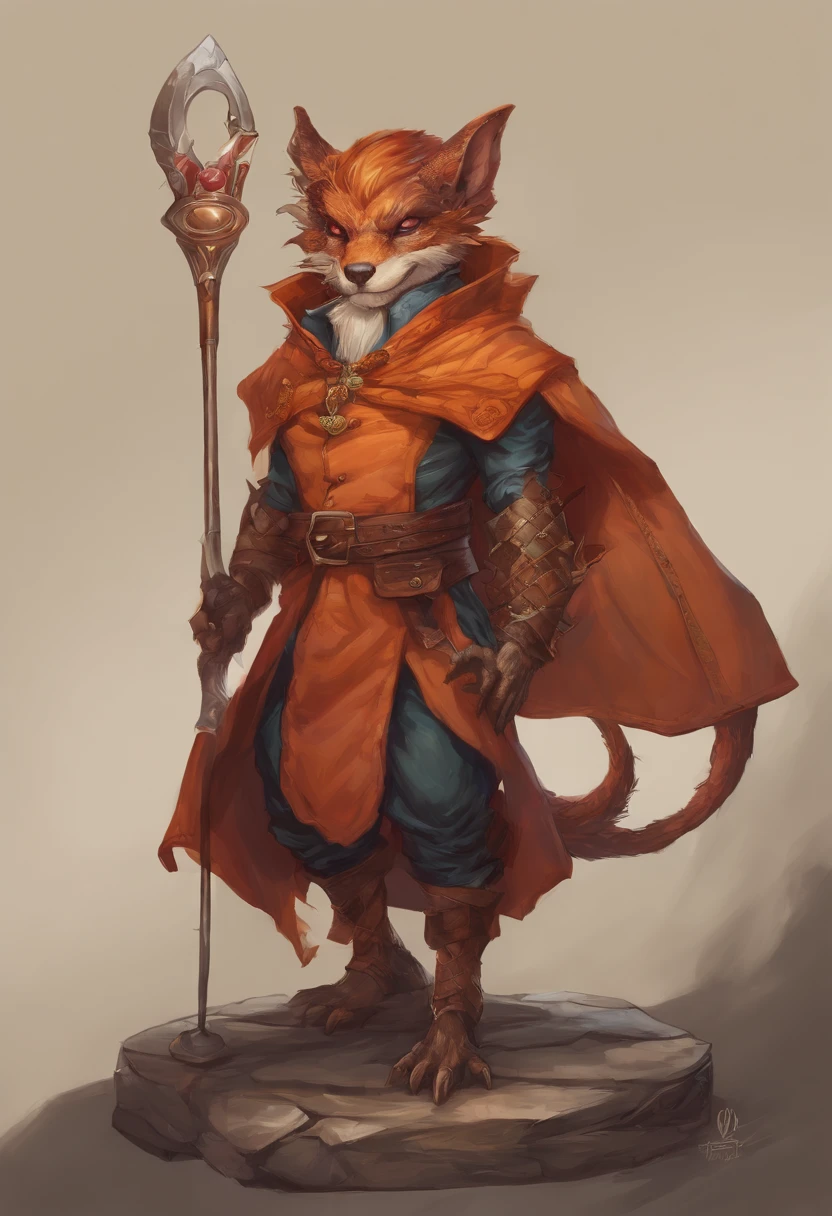 (((by Zackary911, by Kenket, By Kilinah))), Solo Male, Bright orange skin, Orange scales,faucet (((Leprechaun)), (Detailed kobold)) Wearing a red cape with a hood, Red gemstone on collar, Bandage thighs and bandage chest, muscular toned, Dragon's tail, Front view, looking at the observer with an embarrassed smile, Blush, Take the staff, Perspective, finely detailed paws,