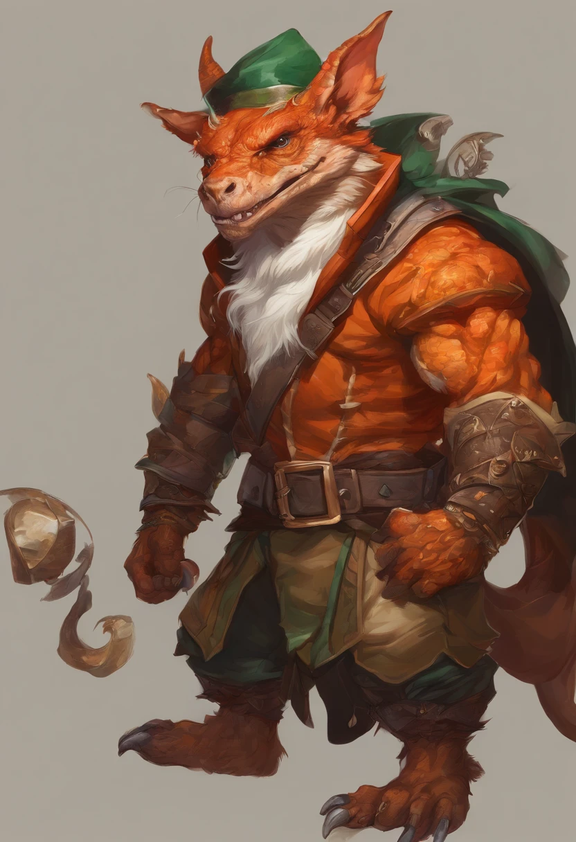 (((by Zackary911, by Kenket, By Kilinah))), Solo Male, Bright orange skin, Orange scales,faucet (((Leprechaun)), (Detailed kobold)) Wearing a red cape with a hood, Red gemstone on collar, Bandage thighs and bandage chest, muscular toned, Dragon's tail, Front view, looking at the observer with an embarrassed smile, Blush, Take the staff, Perspective, finely detailed paws,