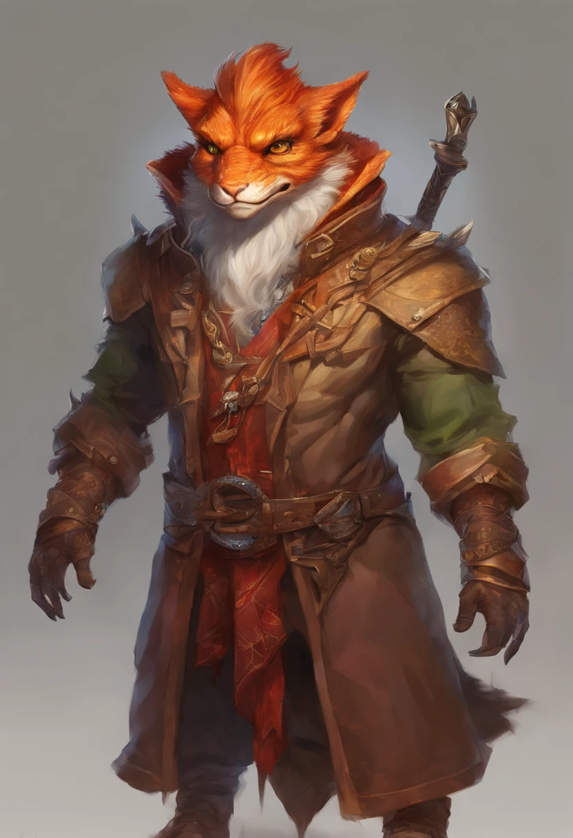 (((by Zackary911, by Kenket, By Kilinah))), Solo Male, Bright orange skin, Orange scales,faucet (((Leprechaun)), (Detailed kobold)) Wearing a red cape with a hood, Red gemstone on collar, Bandage thighs and bandage chest, muscular toned, Dragon's tail, Front view, looking at the observer with an embarrassed smile, Blush, Take the staff, Perspective, finely detailed paws,