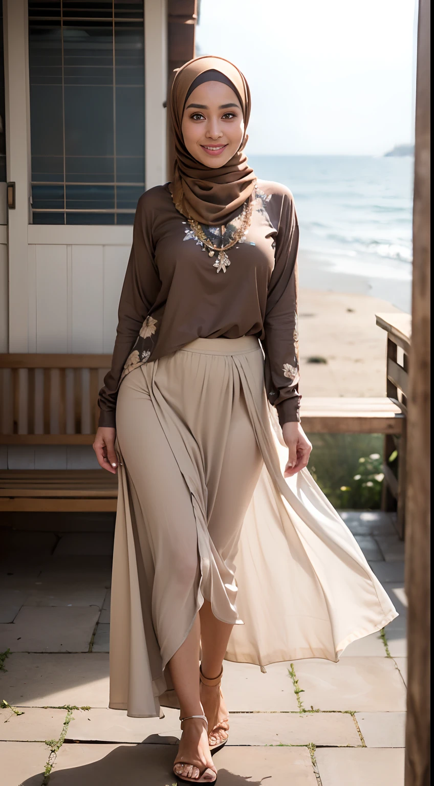 RAW, Best quality, high resolution, Masterpiece: 1.3), Beautiful Malay woman in hijab, Masterpiece, Perfect slim body, Beautiful big eyes, watery eyes, Soft smile, wet lips, big breast, ((wearing a tight light brown Malay shirt with floral motifs, batik, with a closed hijab)), a simple diamond necklace, ((closed clothes), ((modest clothes)),((wearing a long, loose pliskit skirt with no slits down to the ankles, blowing in the wind, light brown)),((full body:1.2))smilling, windy, skin details, skin texture details, thick thighs, sexy body, morning time, smiling, happy, bright sunlight,seashore,blurred background, bokeh