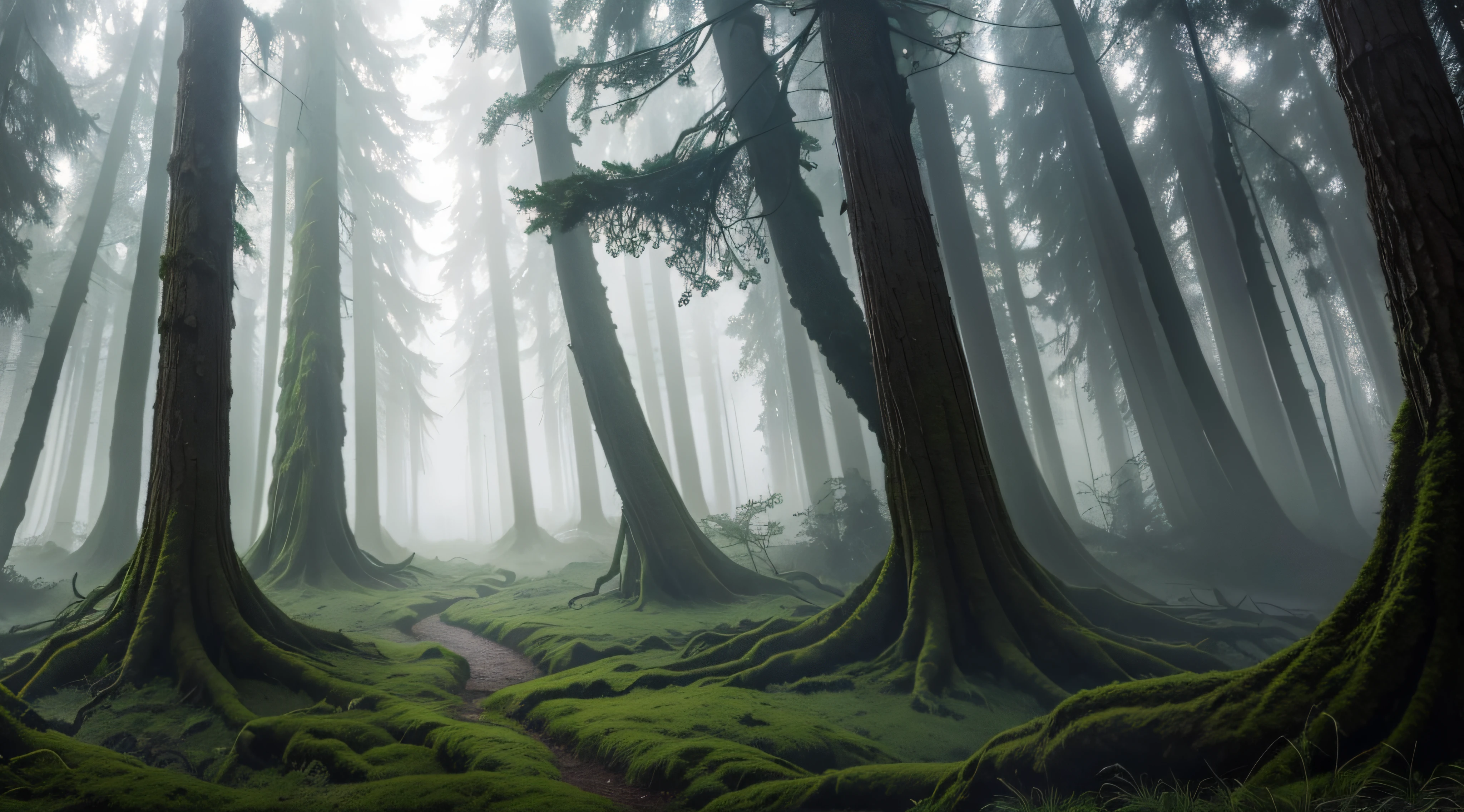 A door through a gigantic tree (opening onto an enchanting and luminous world). Forest of majestic trees, colossal roots, surrounded by mist, forest filled with moss and gigantic and twisted arbresus, dark and disturbing. misty wood, trees with a mystical aura, sunlight filtering through the fog, mysterious atmosphere, spotted light, purple mist, ethereal landscape, creepy ambience, bright green moss, dense fog, hidden paths, morning mist, soft colors, murmur of the wind, of a bewitching beauty, surrealist and dreamlike, quiet and intact, breathtaking and captivating images