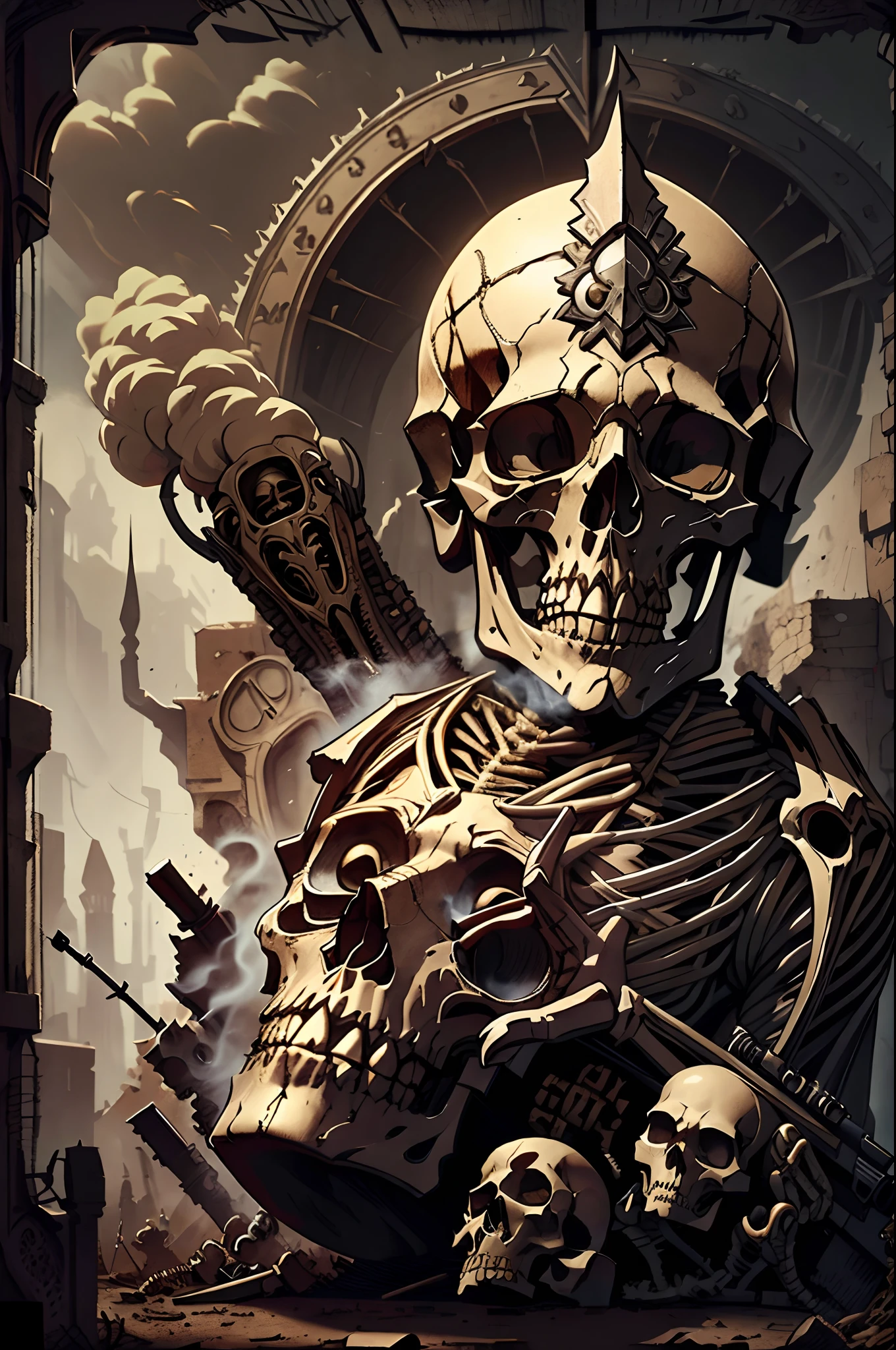 skull in military uniform holding a sniper, a skeleton, iron portrait hearts, (smoke), iron hearts portrait style, skeletons holding snipers, man's head is a skull, by Ludwik Konarzewski, by Aleksander Kobzdej, by Dechko Uzunov --auto --s2