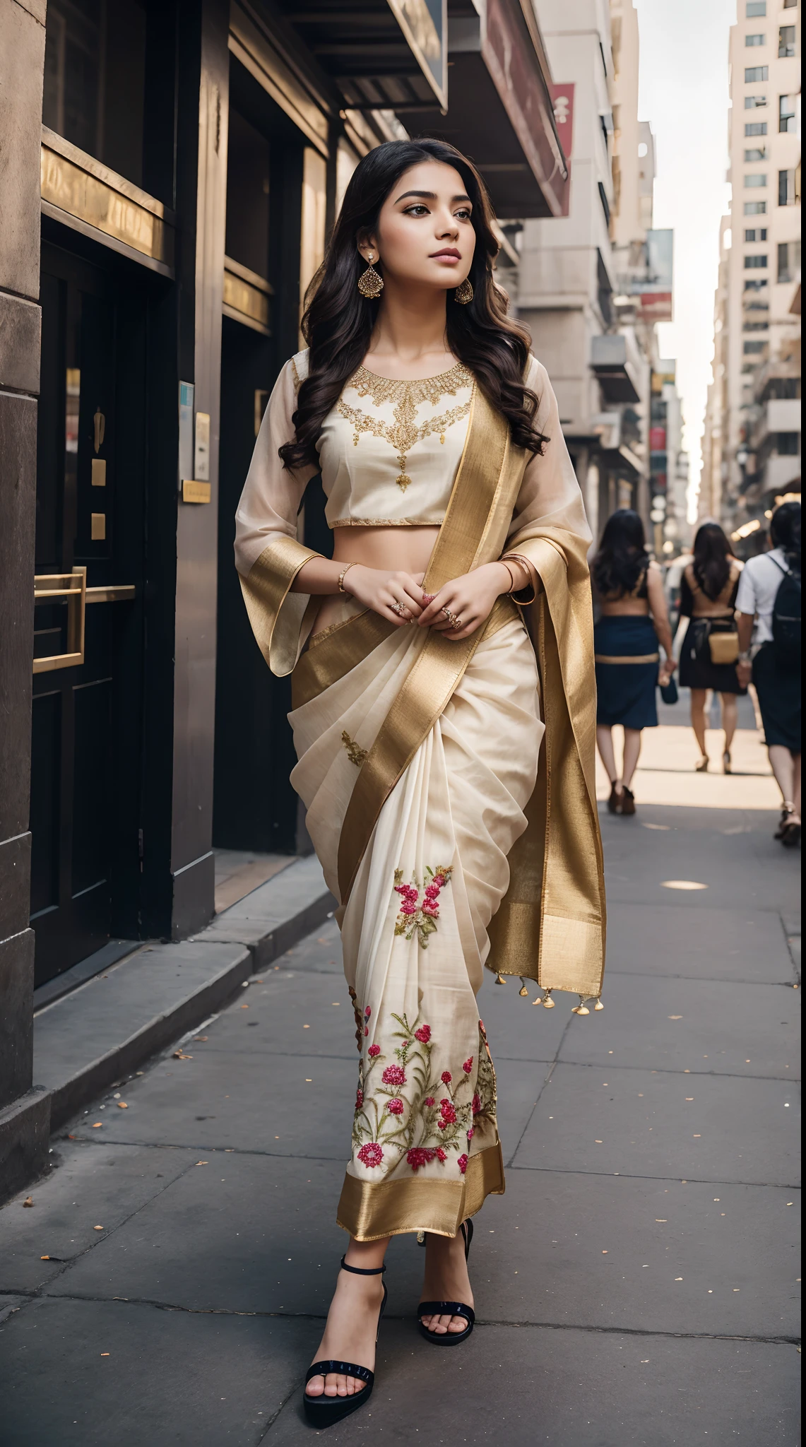In a bustling metropolis, a beautiful young woman steps out onto the streets, adorned in a breathtakingly embroidered Indian saree and a stylishly matching blouse. The intricate details of the embroidery catch the sunlight, creating a mesmerizing display of colors and patterns. Her outfit is completed with a pair of fancy high heels that add an extra touch of elegance to her ensemble. As she confidently walks through the city, heads turn, and people can't help but be captivated by her stunning appearance. What adventures await her amidst the urban backdrop? How will her exquisite attire shape her experiences and interactions with others?