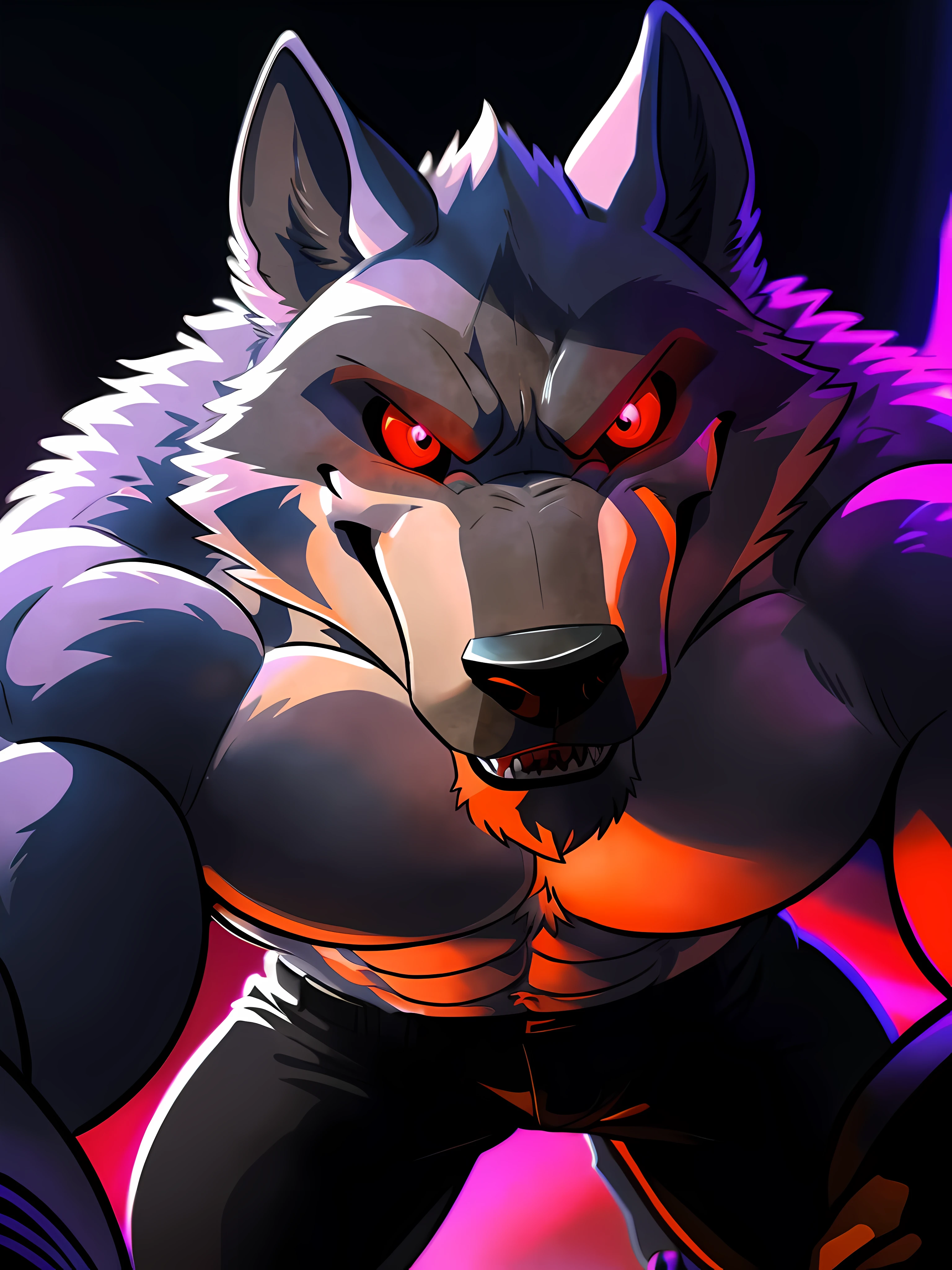 deathwolf, 4k, high resolution, best quality, posted on e621, solo, anthro body, male, adult, very masculine, (very muscular, big pectorals, defined muscles:1.2), (no background, black background, purple fire:1.1), (by wfa:1.0), (by negger:1.0), (detailed eyes, red eyes, evil eyes, looking at camera:1.1), glowing eyes, (cel shaded:1.2), cartoony shading, serious eyes, open mouth, smile, (on all fours, crawling towards camera:1.1), close-up, (black pants:1.2), bare torso, (dramatic lighting, darkness:1.5), (glow:1.2)