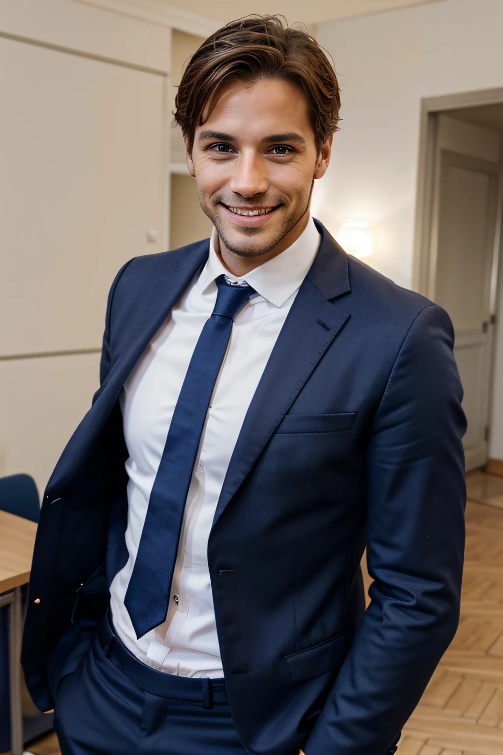 jeunne homme ,beau,specialiste marketing, dans une salle de conference,habille en costume cravate,sexy,souriant devant la camera