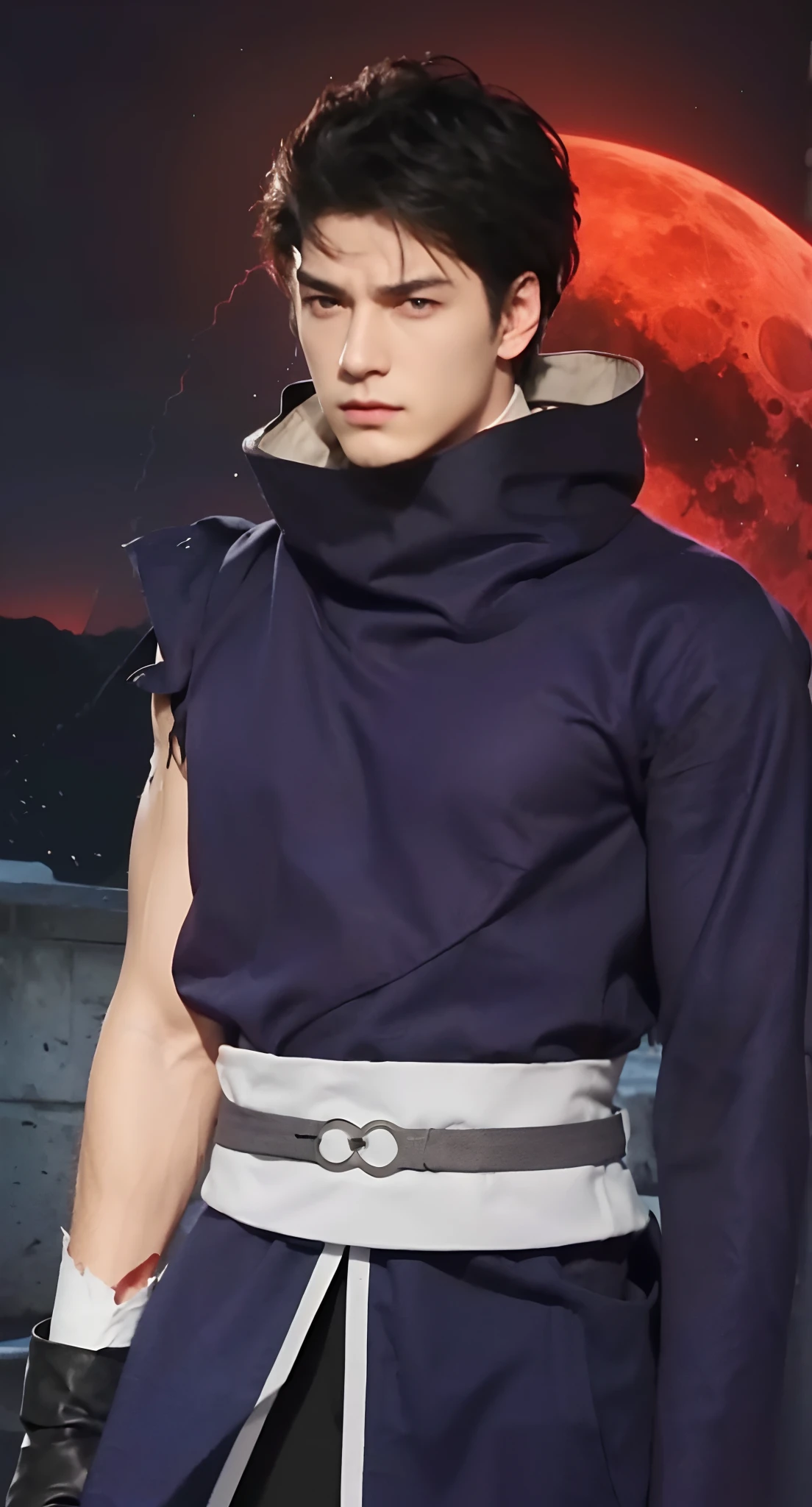Real life adaption of this character, handsome face, villain expression, looking to viewer,realistic same hair , (realistic same outf ,((One of his sleeves was torn)), realistic red moon background, hyper realistic, realistic light, realistic shadow, realism,(photorealistic:1.2)