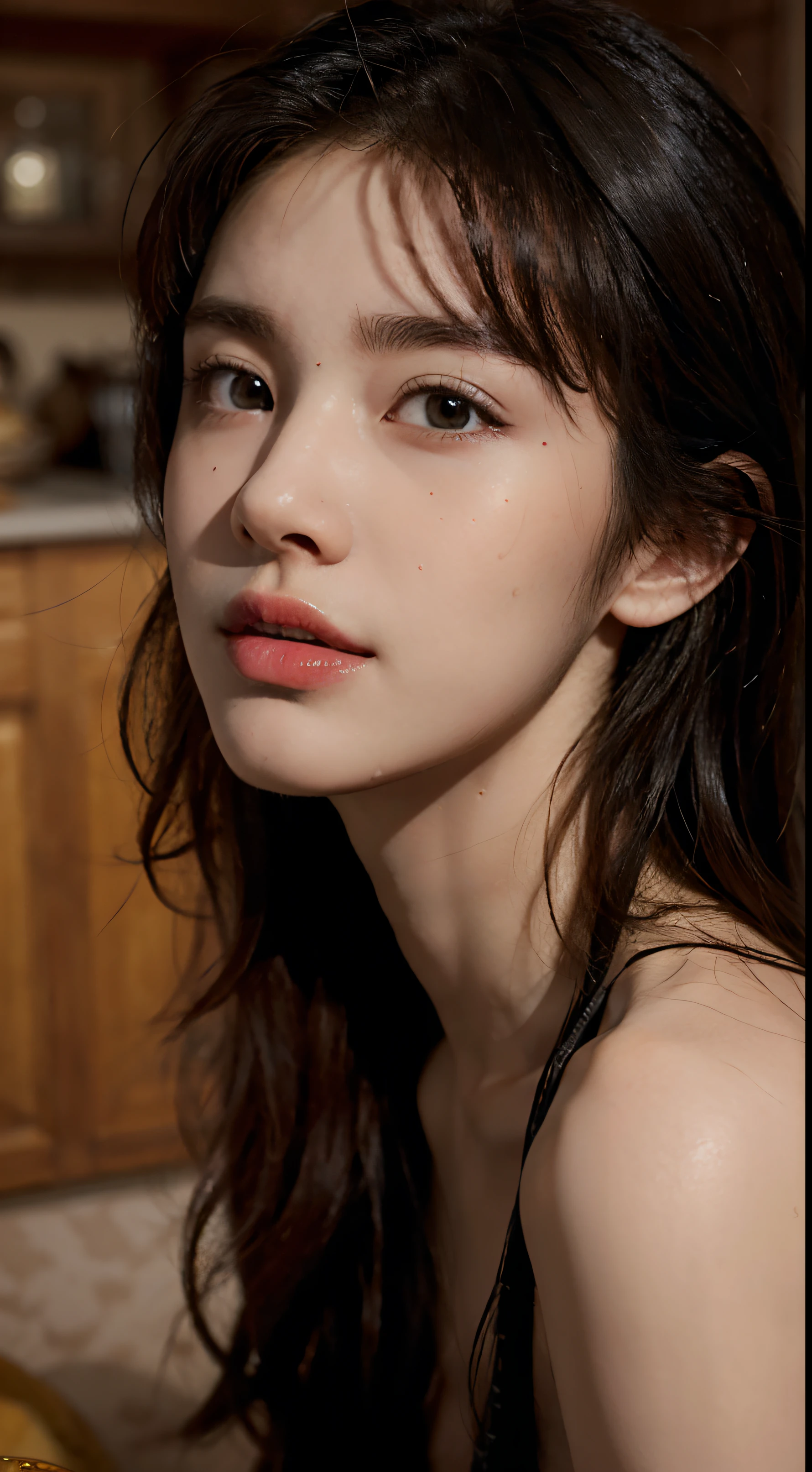 (Masterpiece:1.2, Best quality), (Very detailed face, Real picture, Realistic skin, Realistic body, Intricate details), Solo, 1 milf, Casual,Wet with