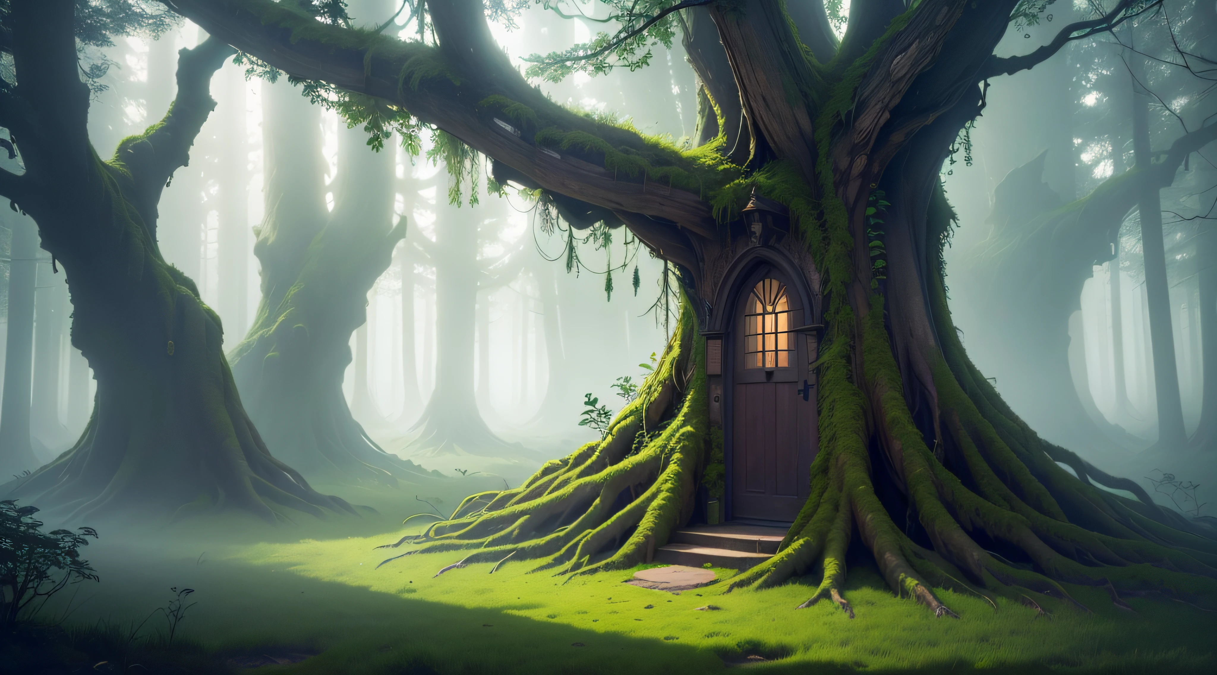 Housed in a gigantic tree: a door A door opening onto an enchanting and luminous world. Forest of majestic trees, colossal roots, surrounded by mist, forest filled with green moss and climbing, dark and disturbing. misty wood, trees with a mystical aura, sunlight filtering through the fog, mysterious atmosphere, spotted light, purple mist, ethereal landscape, creepy ambience, bright green moss, dense fog, hidden paths, morning mist, soft colors, murmur of the wind, of a bewitching beauty, surrealist and dreamlike, quiet and intact, breathtaking and captivating images