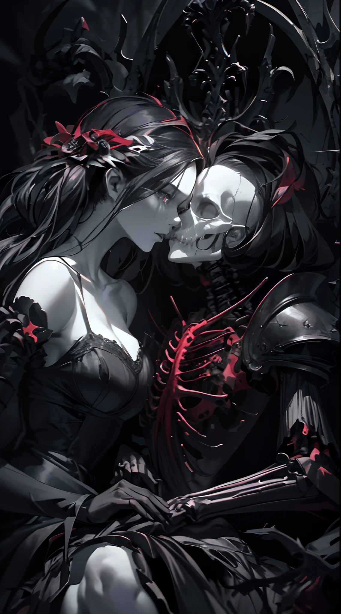 In the midst of eerie darkness, a chillingly skeletal girl with empty hollows for eyes leans in to kiss a terrifyingly gore-stained throne. This haunting image, reminiscent of a macabre painting, captures the viewer's attention with its eerie subject matter. The girl's pale, lifeless features contrast starkly against the deep blackness of her surroundings, adding to the unsettling atmosphere. The image exudes a sense of high-quality craftsmanship, with impeccable attention to detail visible in the intricate rendering of every bone and the delicate blend of shadows. It is a captivating and masterfully executed portrayal that both disturbs and fascinates, drawing viewers into a world of horror and fascination high-quality execution