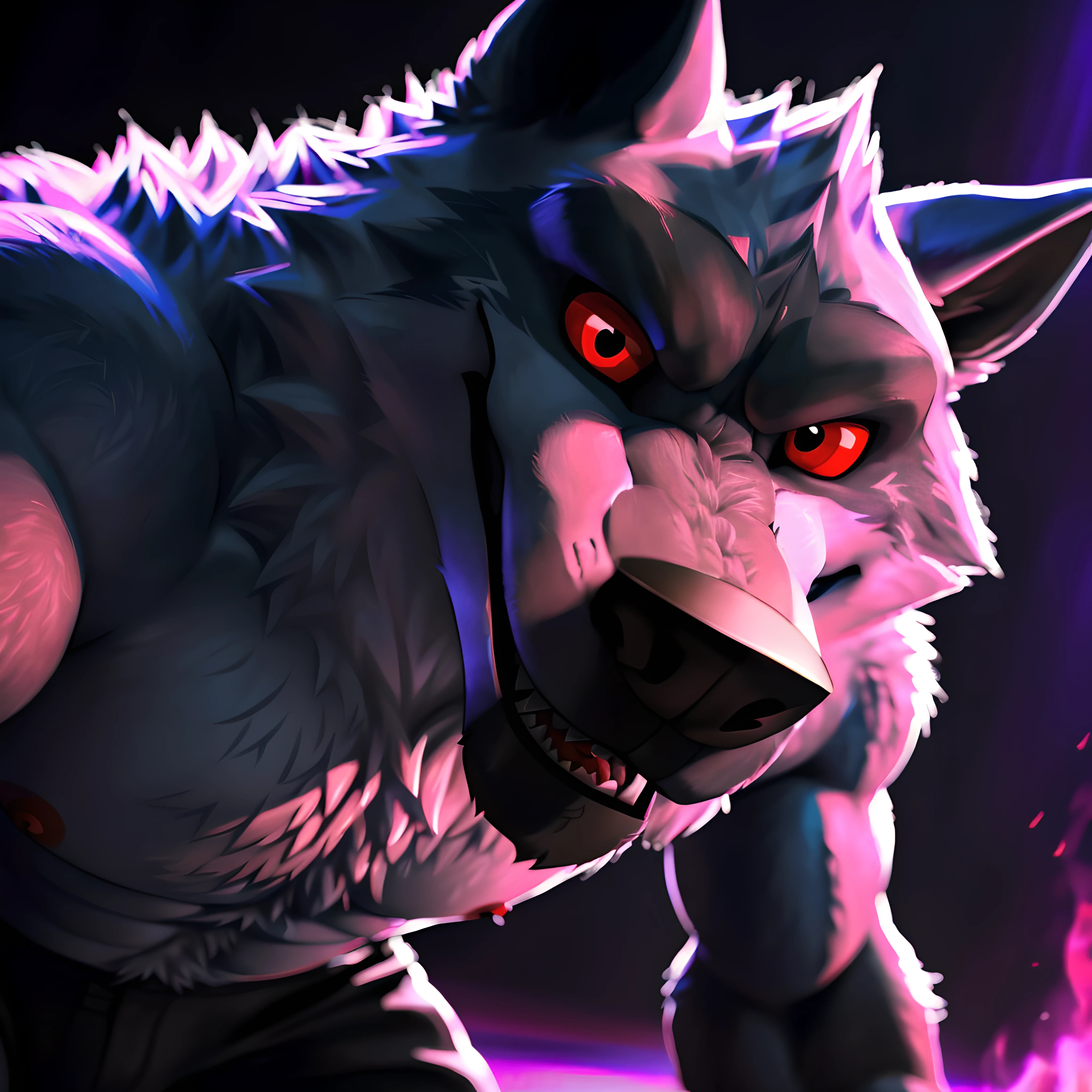 deathwolf, 4k, high resolution, best quality, posted on e621, solo, anthro body, male, adult, very masculine, (very muscular, big pectorals, heavyweight, defined muscles:1.2), (no background, black background, purple fire:1.1), (by wfa:0.8), (by negger:0.8), (red eyes, evil eyes, looking at camera:1.1), (cel shaded, detailed fur, photorealistic shading, photorealistic fur, cgi, pixar fur, detailed:1.2), serious eyes, open mouth, smile, (on all fours, crawling towards camera:1.1), close-up, (black pants:1.2), bare torso, (dramatic lighting, darkness:1.5), (glow:1.2)