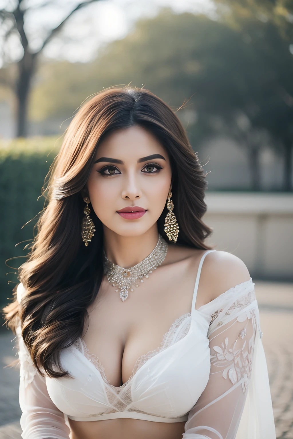 side topless full body portrait of A confident-looking indian woman, kamasutra princess with long flowing hair, hazel eyes, wearing designer jewellery, visible c-cup breast sitting on royal garden, palace background, bokeh perfect composition, hyperrealistic, super detailed, 8k, high quality, trending art, trending on artstation, sharp focus, photo shoot, intricate details, highly detailed, art by greg rutkowski