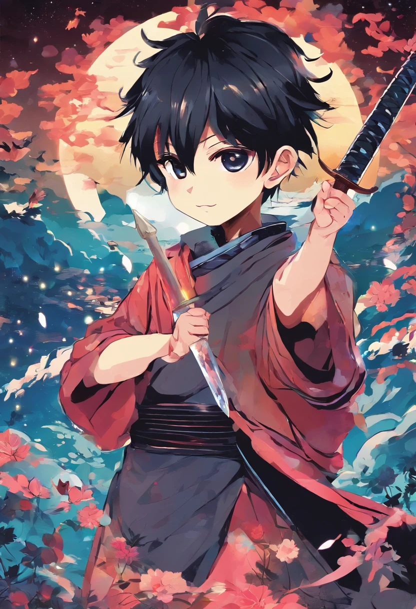 animesque、male child、komono、Holding a sword、Night background