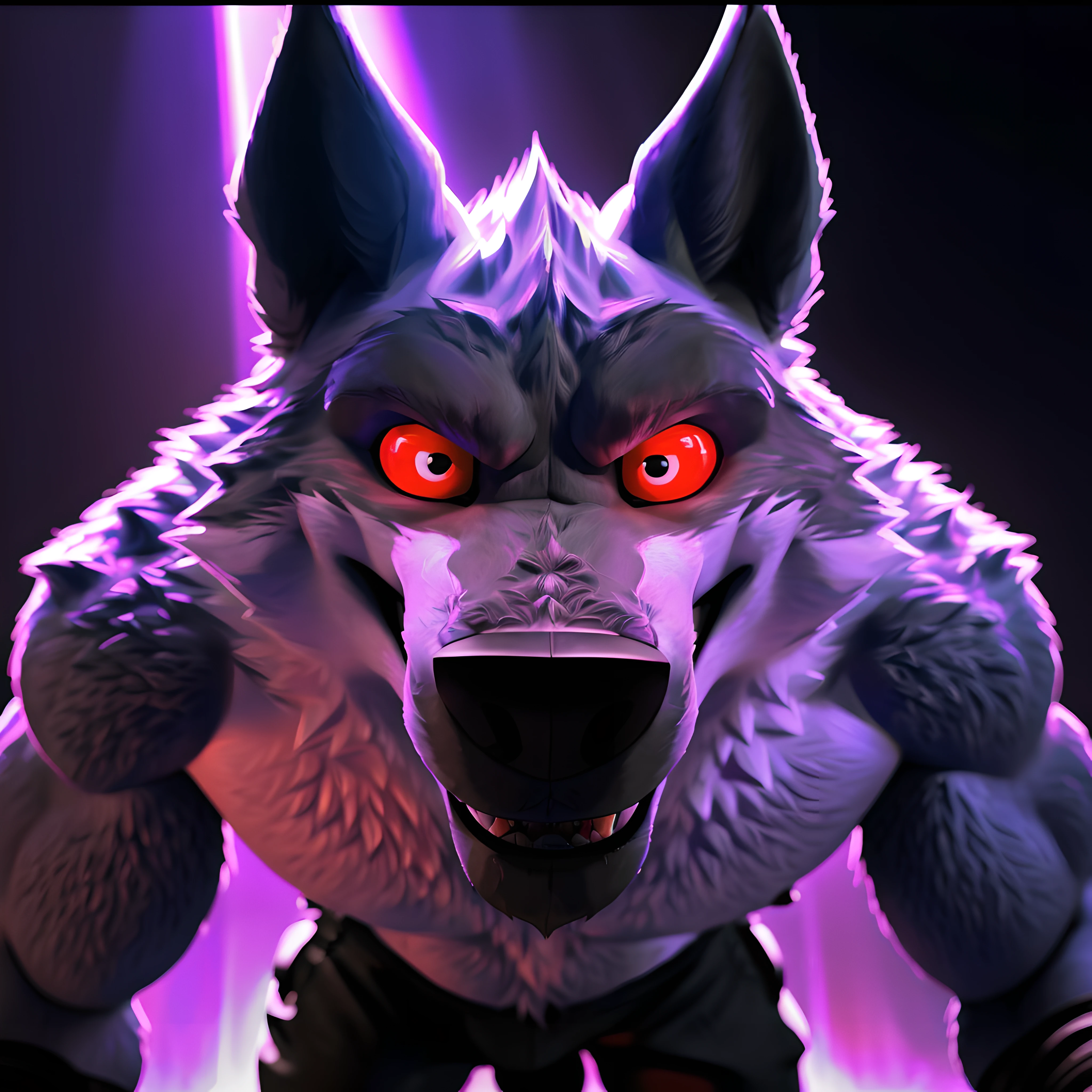 deathwolf, 4k, high resolution, best quality, posted on e621, solo, anthro body, male, adult, very masculine, (very muscular, big pectorals, heavyweight, defined muscles:1.2), (no background, black background, purple fire:1.1), (by wfa:0.8), (by negger:0.8), (looking at camera:1.1), (detailed fur, photorealistic shading, photorealistic fur, cgi, pixar fur, detailed:1.2), serious eyes, open mouth, smile, (on all fours, crawling towards camera:1.1), close-up, (black pants:1.2), bare torso, (dramatic lighting, darkness:1.5), (glow:1.2)