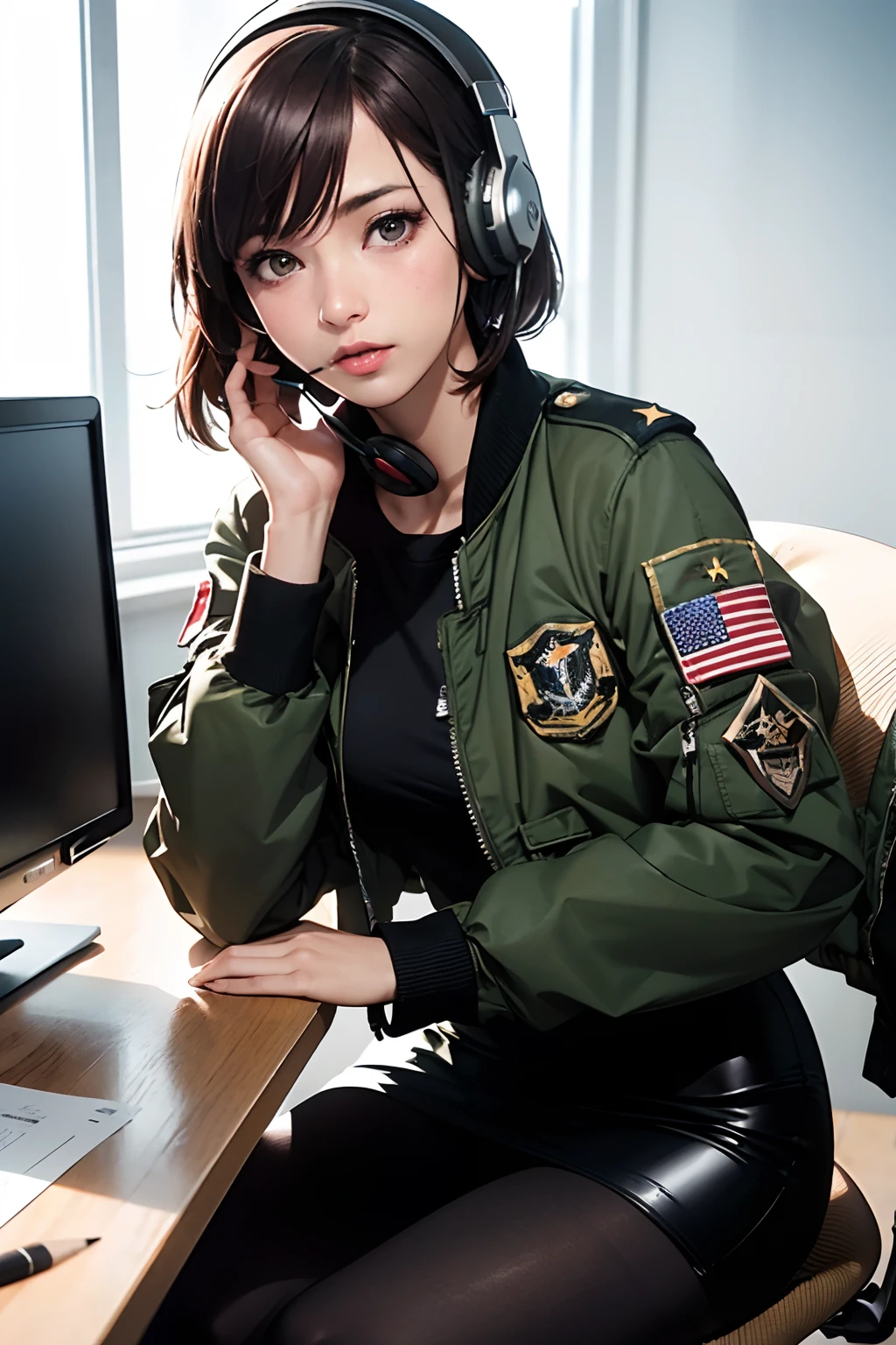 (masterpiece, best quality, photo realistic, official art:1.4), (UHD, 8K wallpaper, High resolution, awesome illustration), (shiny skin),Cinematic lighting, physically-based rendering, Award-winning, detailed skin, extra detailed face, eyes with beautiful details, Carl Zeiss 85 mm F/1.4, BREAK, solo, 1 girl, very cute 24-year-old girl is seated on a gaming chair, at office in a military base, glossy brown hair, short bob cut, brown eyes, medium breasts, (wearing olive MA-1 flight jacket and pencil skirt, pantyhose and high heels:1.3), looking at camera, listening to something carefully, military operator, BREAK, (at office in the military base, many electrical devices and radar displays on the desk), (wearing military headset and income:1.3), face focus, cowboy shot, (put your hand on your ear:1.3),