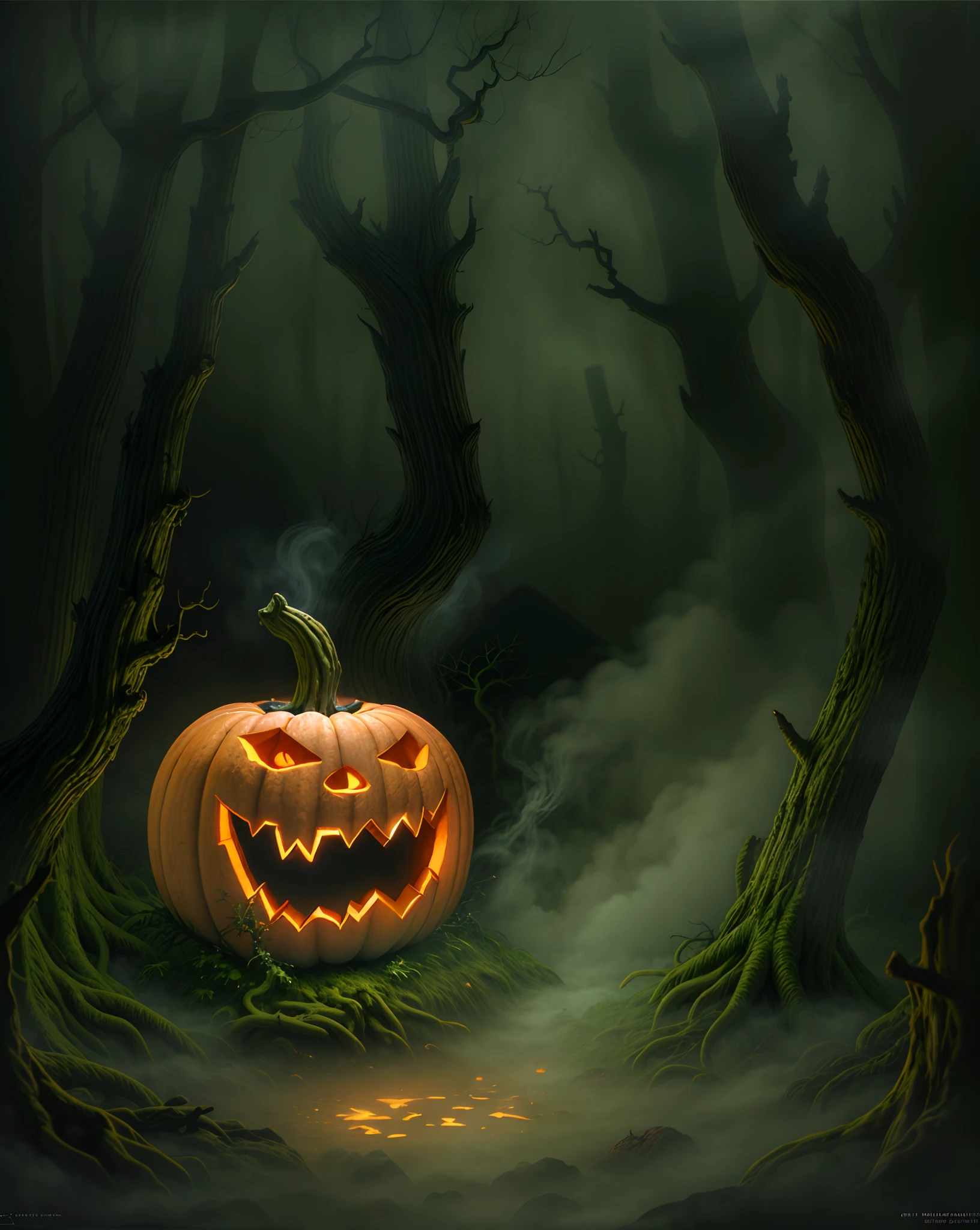 In the eerie darkness of the forest at night, a jack-o-lantern floats mysteriously amidst the thick mist and vaporous smoke. Its grinning face, carved with a sinister and malevolent expression, radiates an eerie, flickering glow. The mist and smoke swirl around it, obscuring the gnarled trees and creating an otherworldly and chilling atmosphere that evokes a sense of supernatural dread.