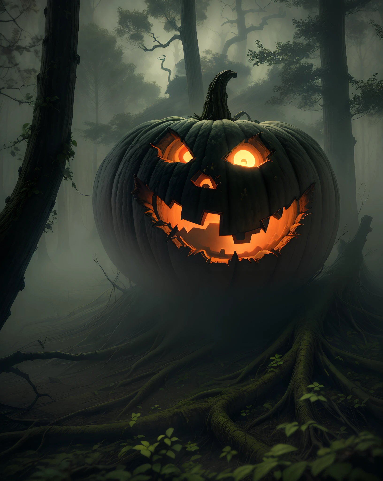 ​In the eerie darkness of the forest at night, a jack-o-lantern floats mysteriously amidst the thick mist and vaporous smoke. Its grinning face, carved with a sinister and malevolent expression, radiates an eerie, flickering glow. The mist and smoke swirl around it, obscuring the gnarled trees and creating an otherworldly and chilling atmosphere that evokes a sense of supernatural dread.