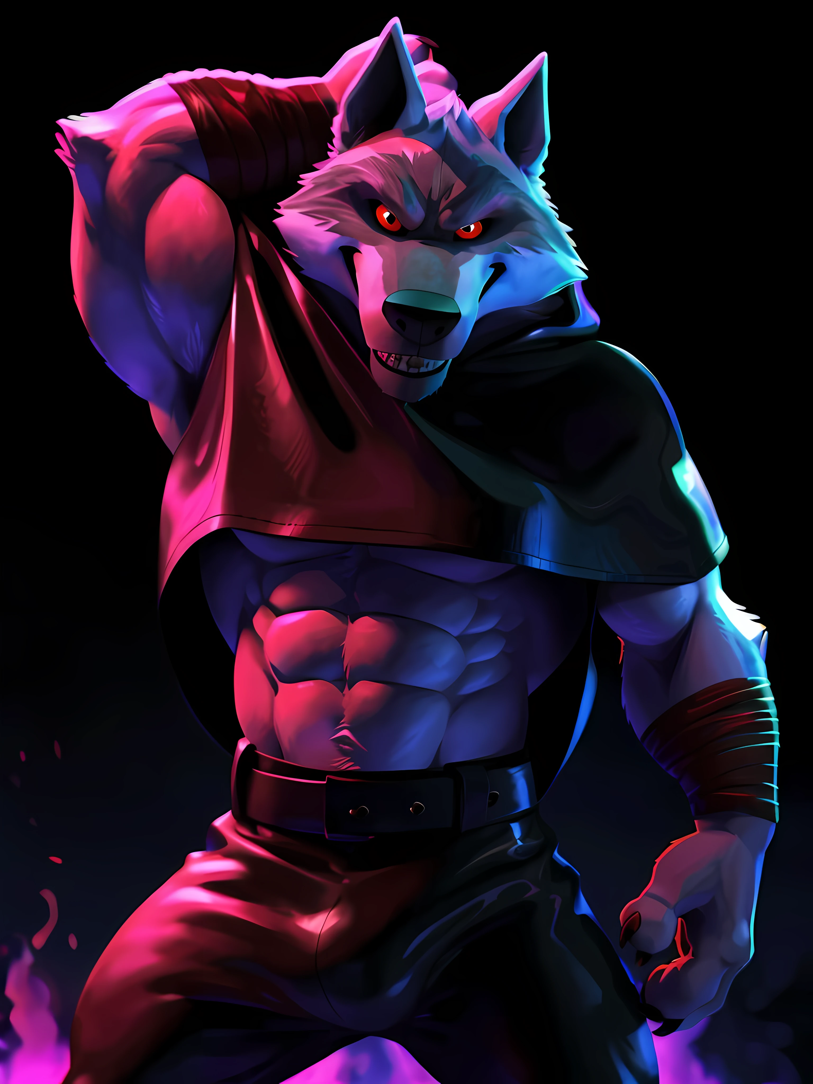 deathwolf, 4k, high resolution, best quality, posted on e621, solo, anthro body, male, adult, very masculine, (very muscular, abs, defined muscles:1.1), (no background, black background, purple flames:1.2), (by wfa:0.8), (by negger:0.8), (detailed eyes, red eyes, evil eyes, looking at camera:1.1), (photorealistic shading, detailed cgi, pixar, detailed:1.2), serious eyes, cocky smile, (black pants, black cloak, black poncho, black hood over head, wearing hood, eyes in darkness:1.2), belt, (dramatic lighting, glow, darkness:1.4), full body