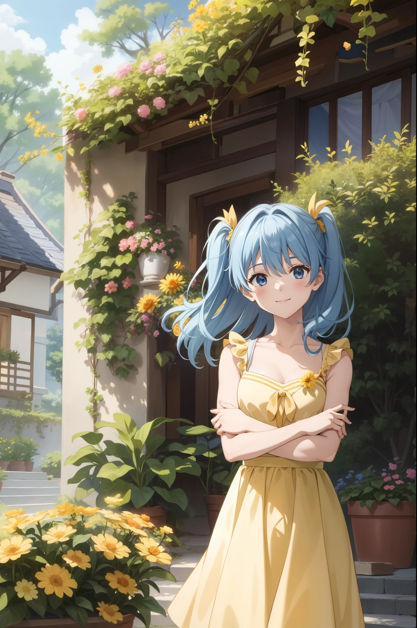 masterpiece, top-quality, absurderes, perfect anatomia, 1girl in, 独奏, 390, Twin-tailed, Long light blue hair, yellow sundress, garden, tag, rays of sunshine, adorable smiling, facing front, Looking at the camera