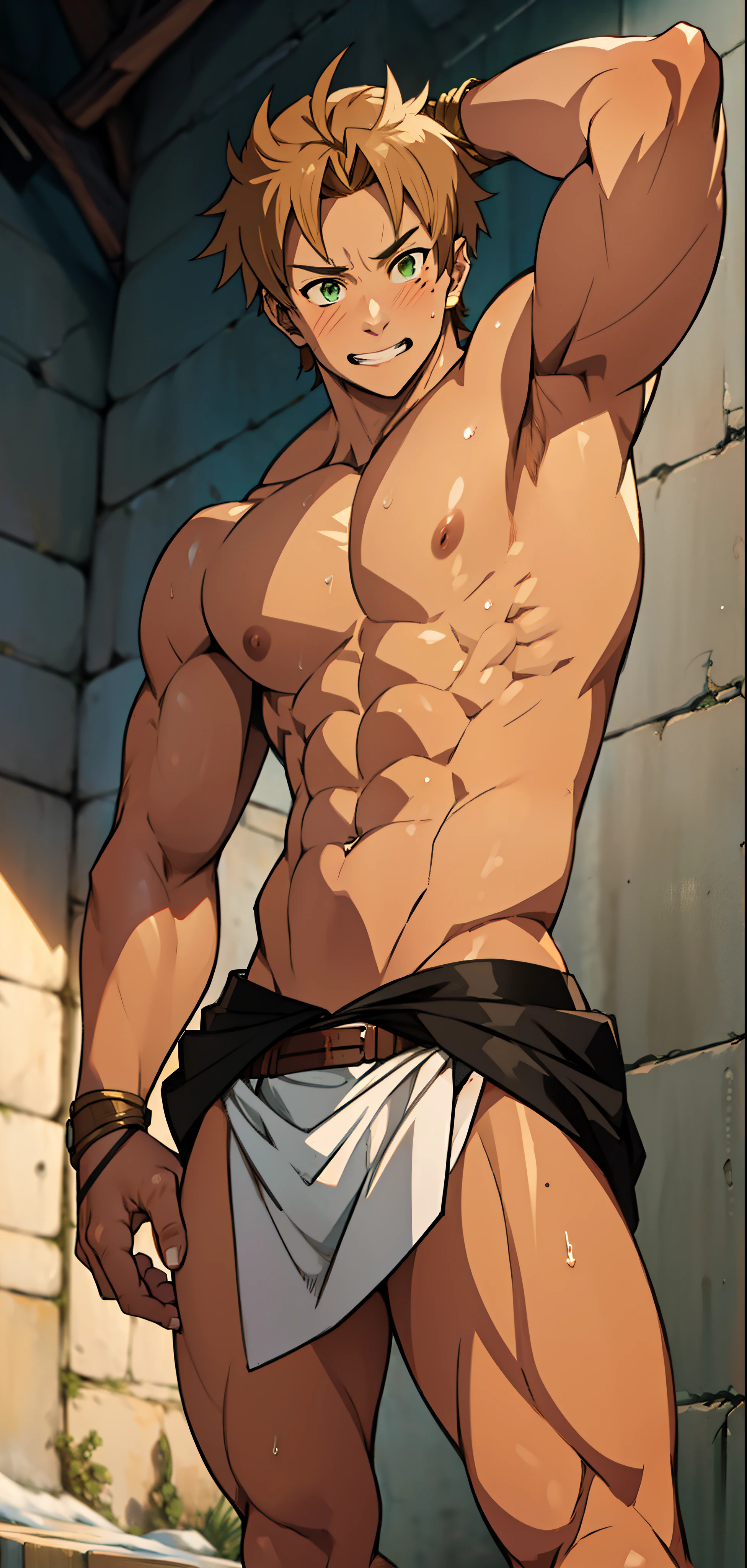 short hair , short spiky hairstyle, Red skin,  shiny skin, rosy skin, bright red skin, the boy blushed shyly (photo angle from bottom up) (photo angle from the ground upwards) [Anime photo][highest quality photo][4k,HD photo quality ] wear tight and short loincloths ,the loincloth bulges due to the erect male genitals (muscular thigh muscles, firm thigh muscles, muscular thigh muscles, sinewy thigh muscles, giant thigh muscles, strong leg muscles, muscular hamstring leg muscles)(thigh muscles bulging as if about to explode, muscular, calloused, sinewy, giant) , Rudeus Greyrat, shy, pondering, thinking, pensive, tired, bodybuilder,bodybuilding, standing, lots of sweat flowing down, topless, shirtless, hot sunny, 8 pack abs  , green eyes, close-up, 1 hand raised to expose the armpit and place it on the back of the neck