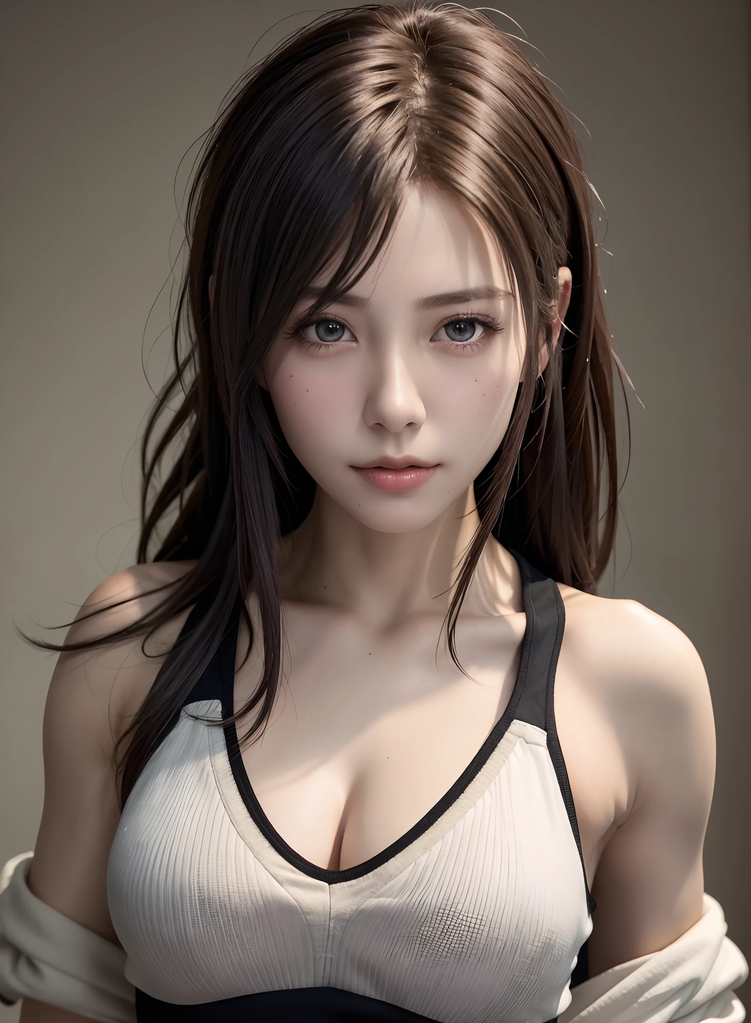 high quality picture, masutepiece, detailed hair texture, Detailed skin texture, Detailed Cloth Texture, 8K, Add fabric details, ultra detailed skin texture, ultra detailed photographic, Skin pores, Portrait of a girl, wearing tank top,
